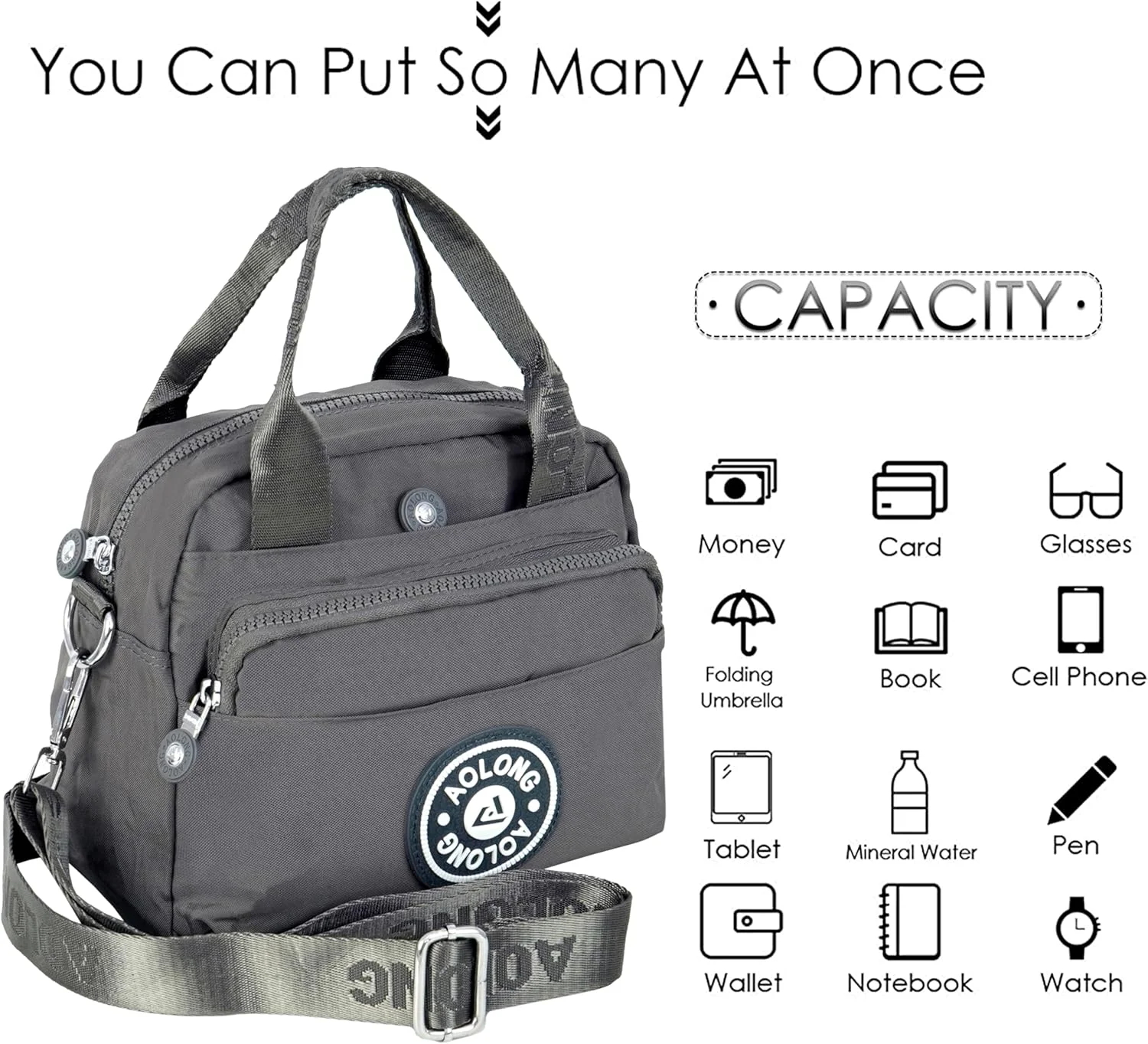 کیف دستی زنانه استوریت نایلونی، کیف سبک دوشی، کیف دستی قابل حمل با جیب داخلی پد دار و بند قابل تنظیم - (خاکستری، 23 x 20 x 12 سانتی متر)