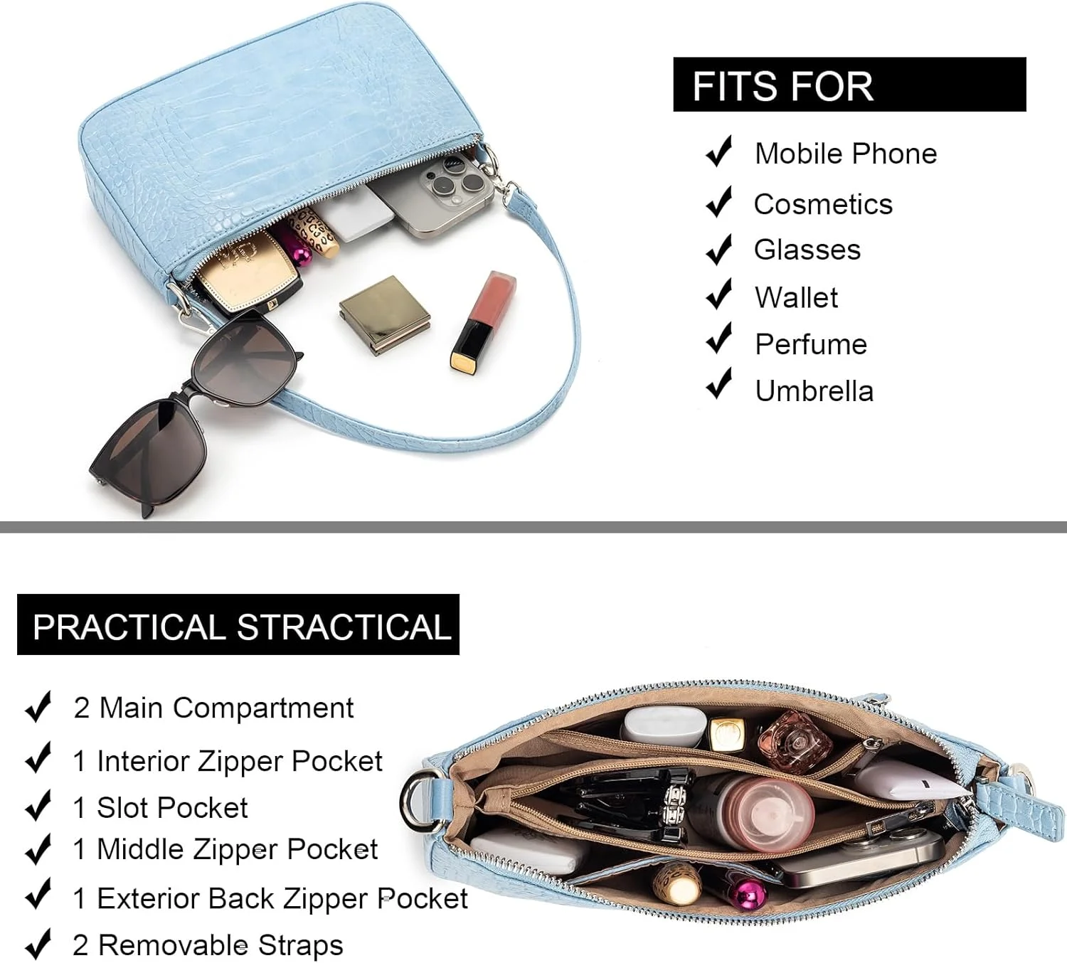 کیف دوشی کوچک NIUEIMEE ZHOU با 2 بند جداشدنی، کیف دستی کلاچ زنانه