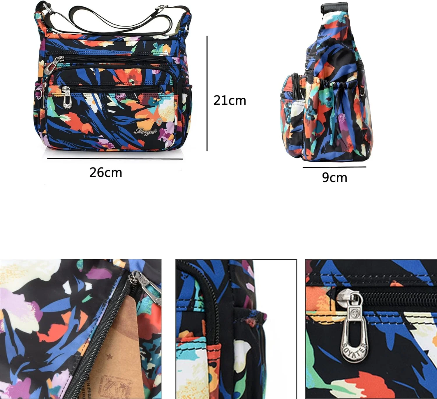 کیف دوشی زنانه نایلونی طرح گلدار با جیب‌های متعدد، مناسب سفر