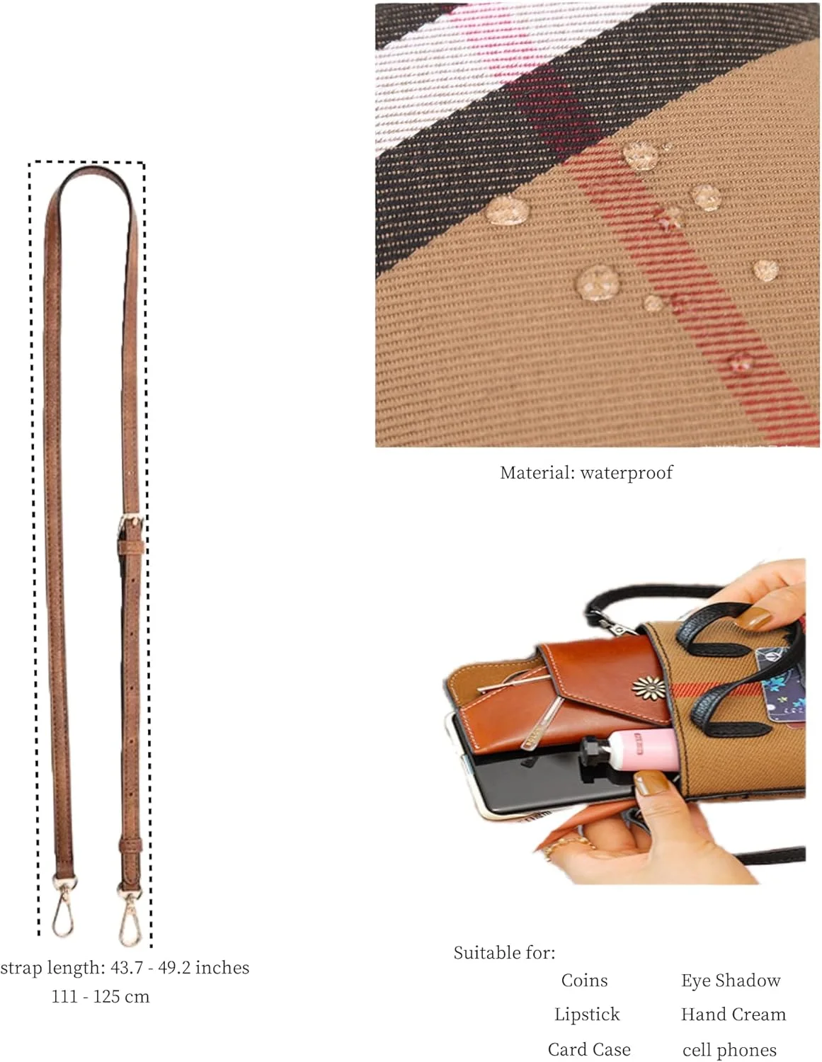 کیف دوشی کوچک، کیف شانه ای لوکس زنانه، کیف پول ضد آب تلفن همراه، کیف دستی کوچک با دسته بالایی و بند قابل تنظیم، کیف دستی کوچک چند منظوره مسافرتی برای زنان و دختران