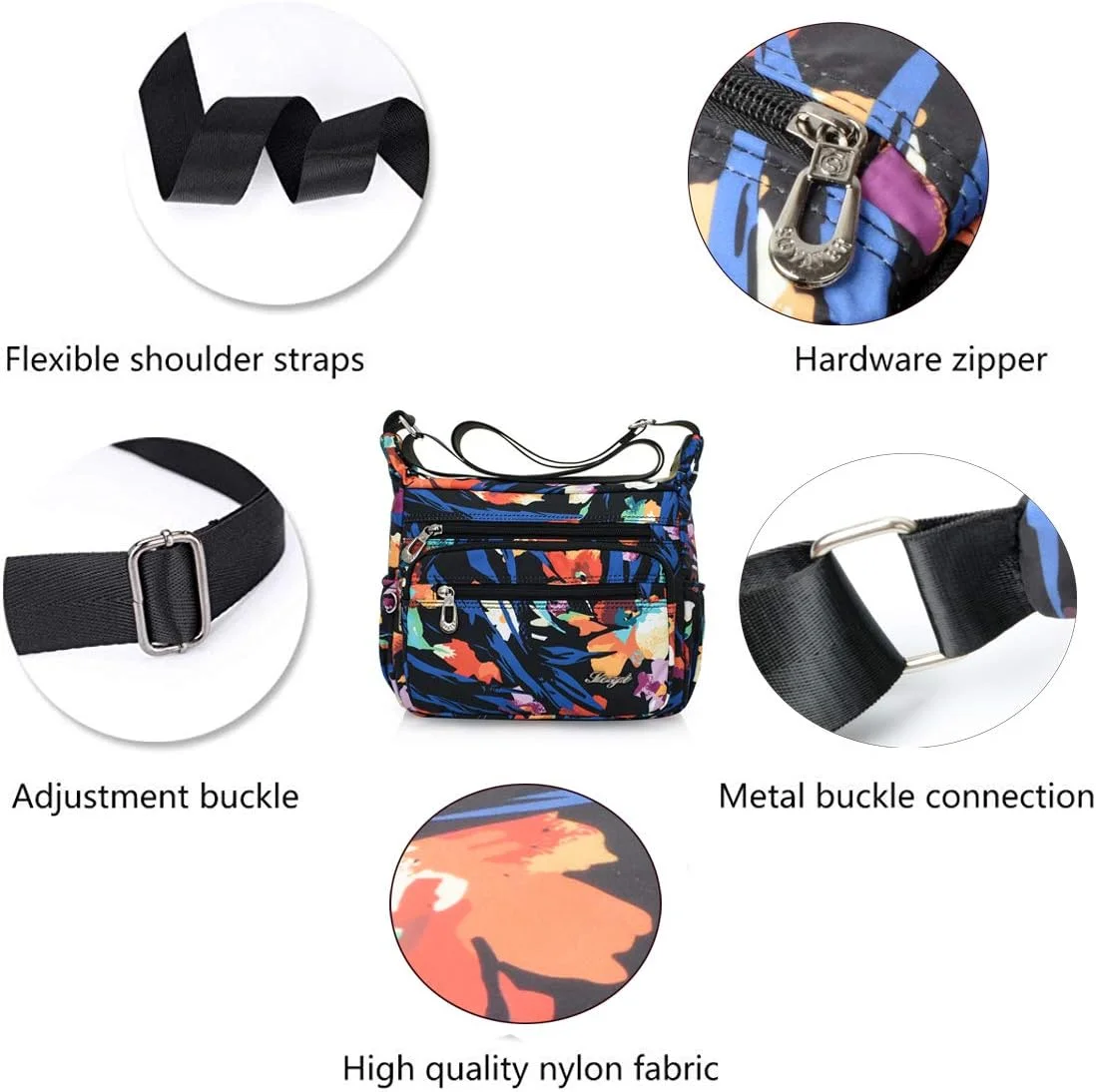 کیف دوشی زنانه نایلونی طرح گلدار با جیب‌های متعدد، مناسب سفر
