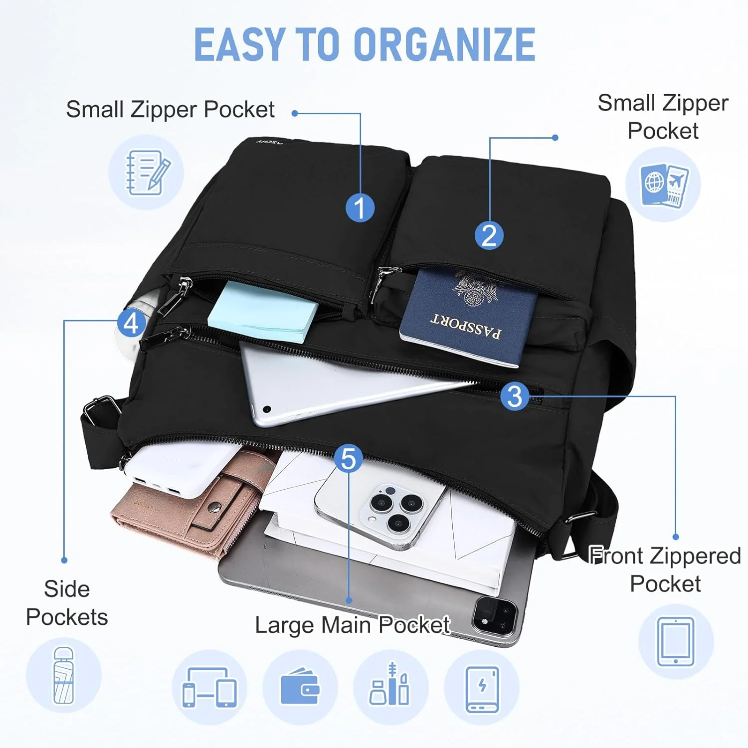 کیف دوشی سبک وزن زنانه، کیف مسنجر نایلونی ضد سرقت Vaschy، کیف شانه ای مد روز برای سفر/کار