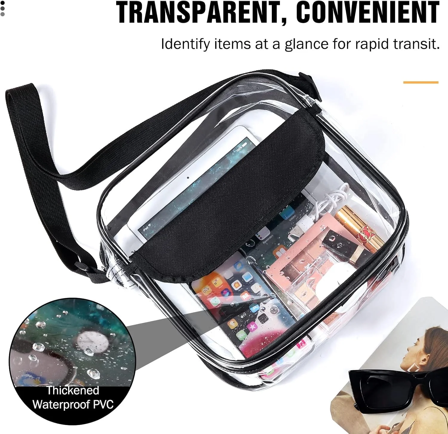 کیف دوشی شفاف MAKINGTEC، کیف دستی شفاف با بند قابل تنظیم، کیف شانه ای پیام رسان PVC ضد آب شفاف برای کار، ورزش، کنسرت، شفاف برای زنان