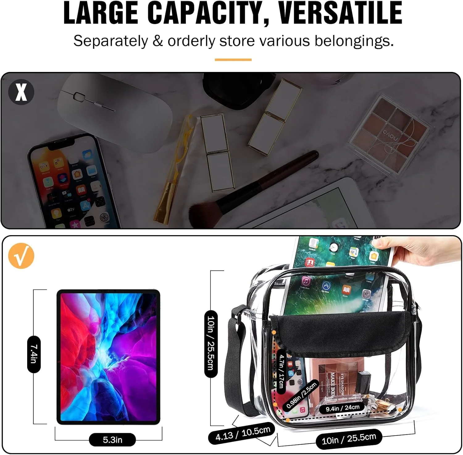 کیف دوشی شفاف MAKINGTEC، کیف دستی شفاف با بند قابل تنظیم، کیف شانه ای پیام رسان PVC ضد آب شفاف برای کار، ورزش، کنسرت، شفاف برای زنان