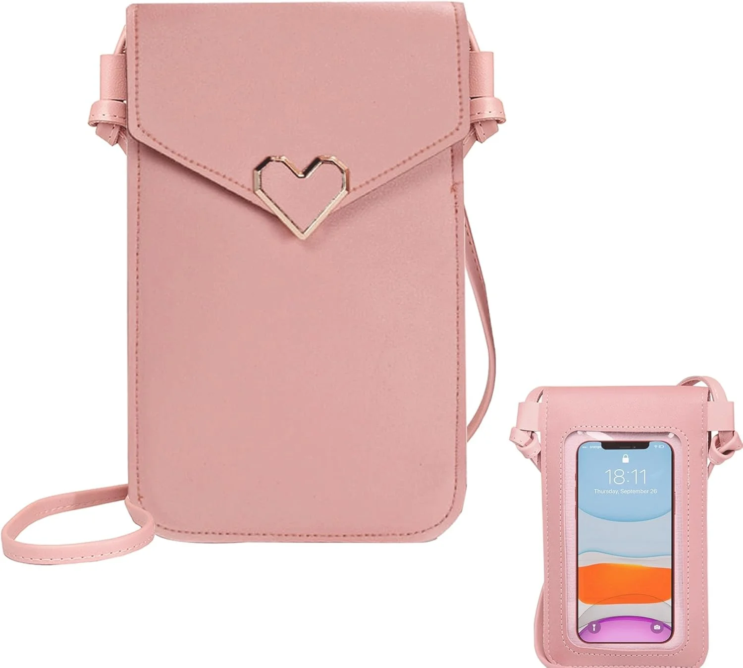 کیف موبایل چرمی PU زنانه، کیف پول صورتی شفاف دوشی، کیف موبایل دو لایه با جای کارت و کیف دستی کوچک برای موبایل، کلید و کارت