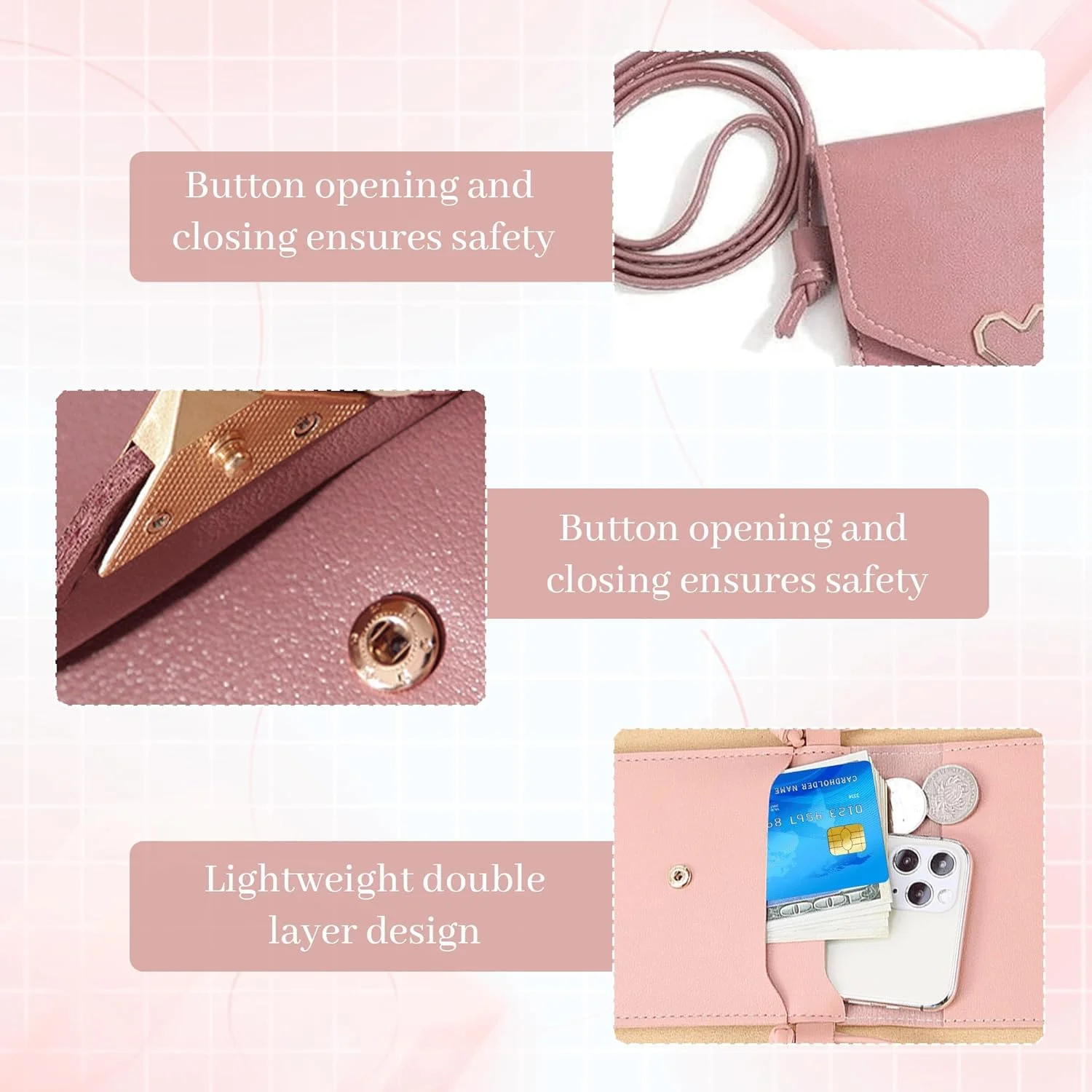کیف موبایل چرمی PU زنانه، کیف پول صورتی شفاف دوشی، کیف موبایل دو لایه با جای کارت و کیف دستی کوچک برای موبایل، کلید و کارت