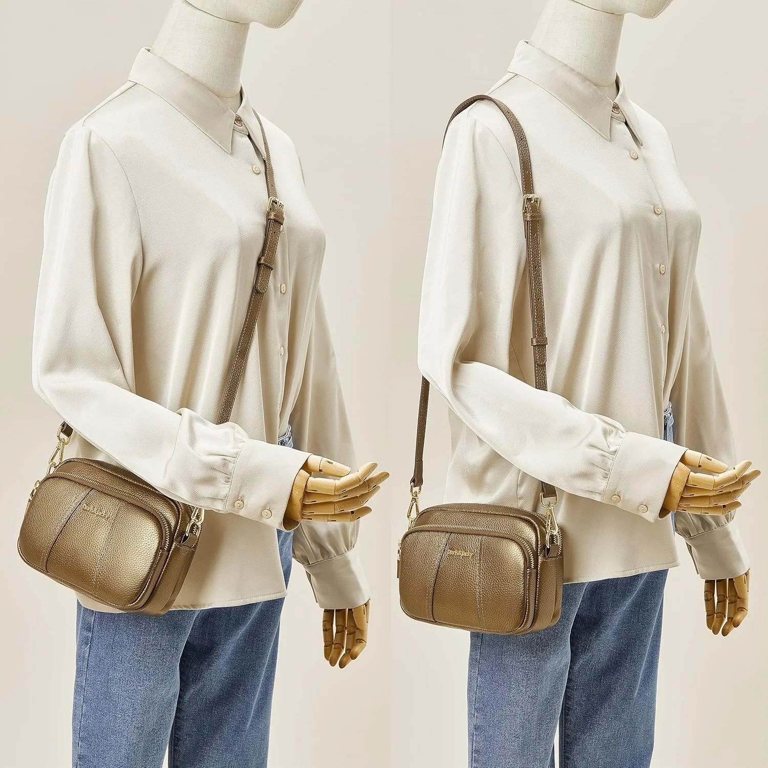 کیف دوشی چرمی زنانه DORIS&JACKY، کوچک و نرم با سه زیپ و بند قابل تنظیم