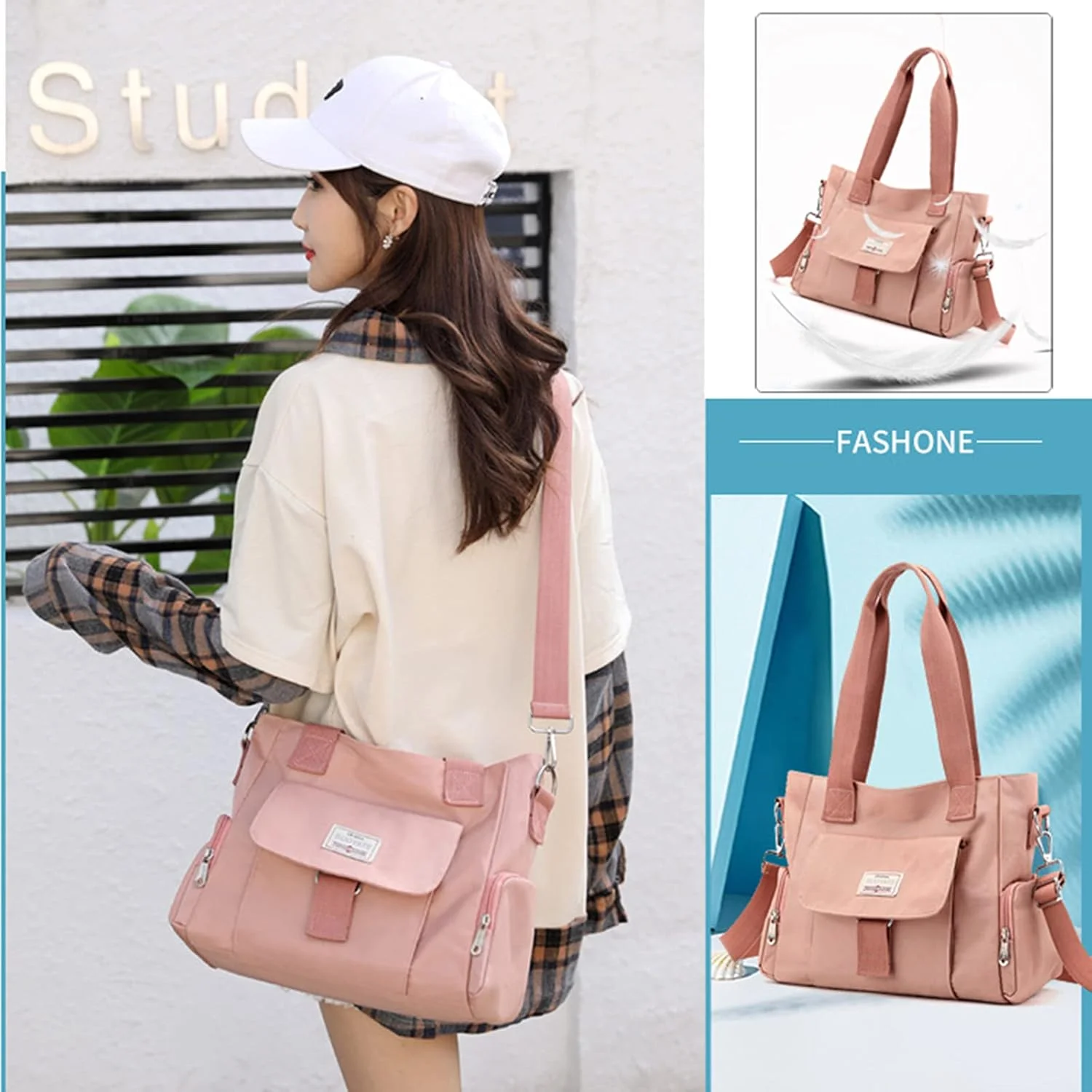 کیف دوشی زنانه، کیف دستی نایلونی ضد آب چند جیبه، کیف مسافرتی با ظرفیت بزرگ - سایز: 33×16×26 سانتی متر