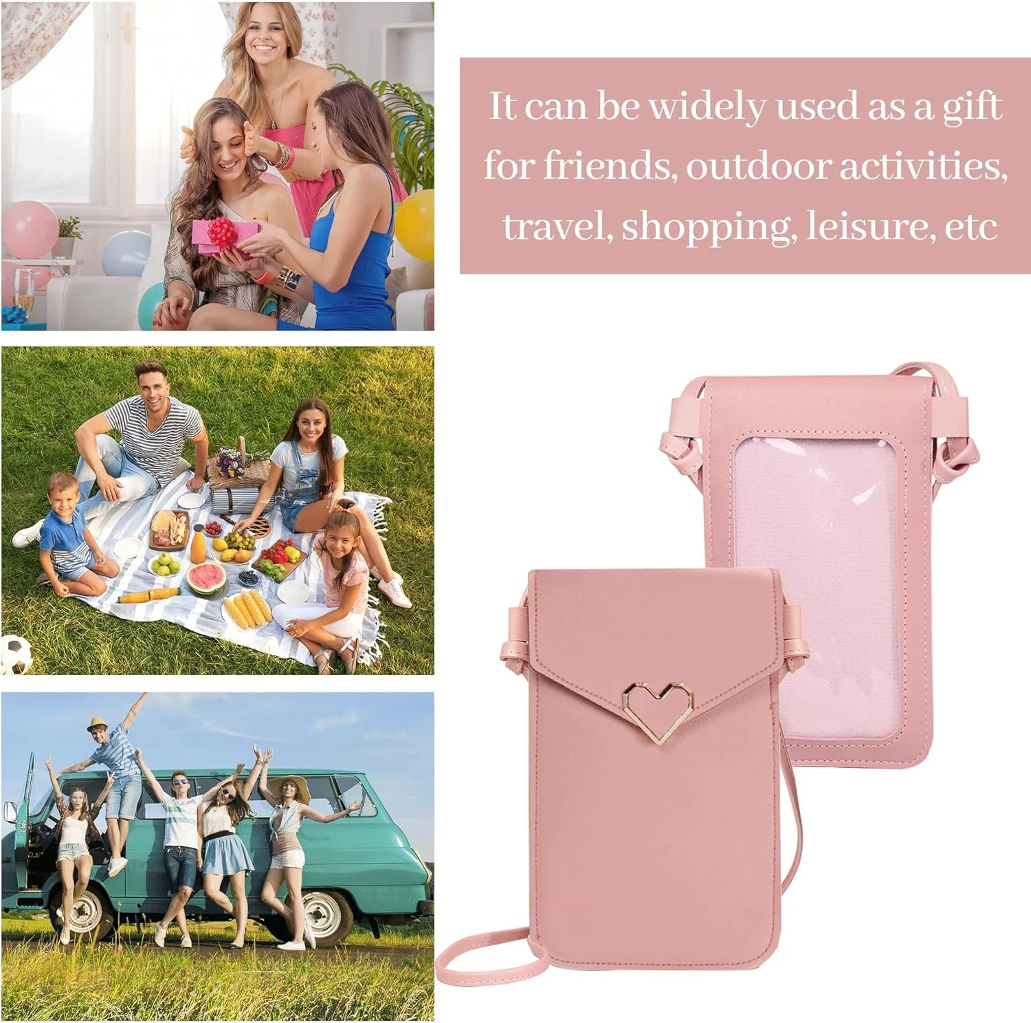 کیف موبایل چرمی PU زنانه، کیف پول صورتی شفاف دوشی، کیف موبایل دو لایه با جای کارت و کیف دستی کوچک برای موبایل، کلید و کارت