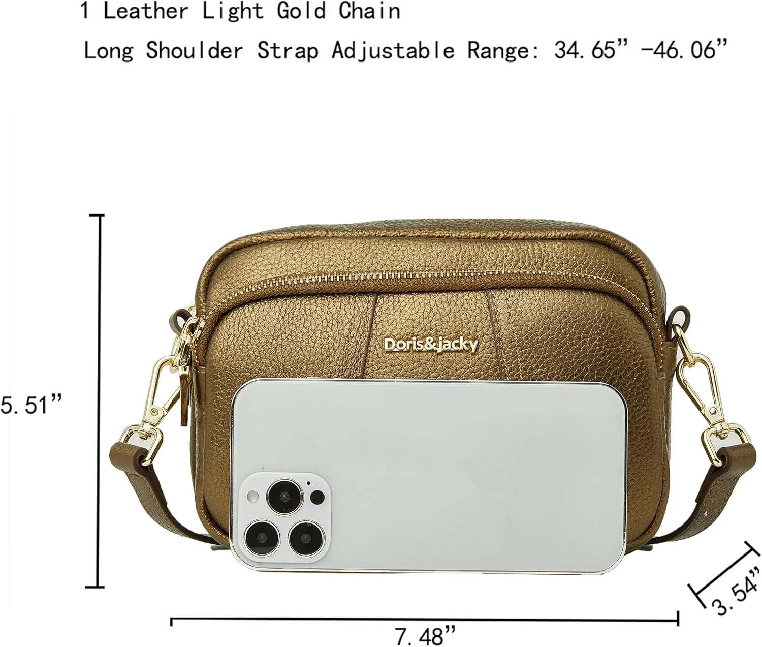 کیف دوشی چرمی زنانه DORIS&JACKY، کوچک و نرم با سه زیپ و بند قابل تنظیم