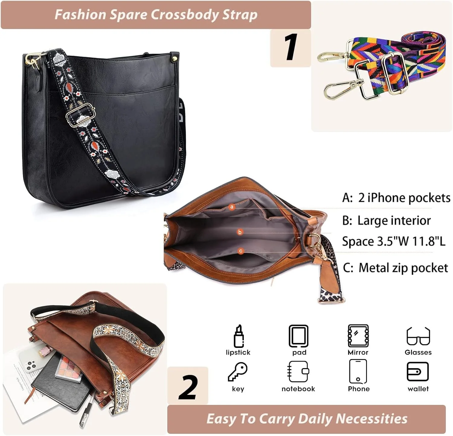 کیف رودوشی زنانه KlaOYer با 2 بند قابل تنظیم، کیف دستی گیاهی با بند گیتاری و کیف شانه ای نرم برای زنان