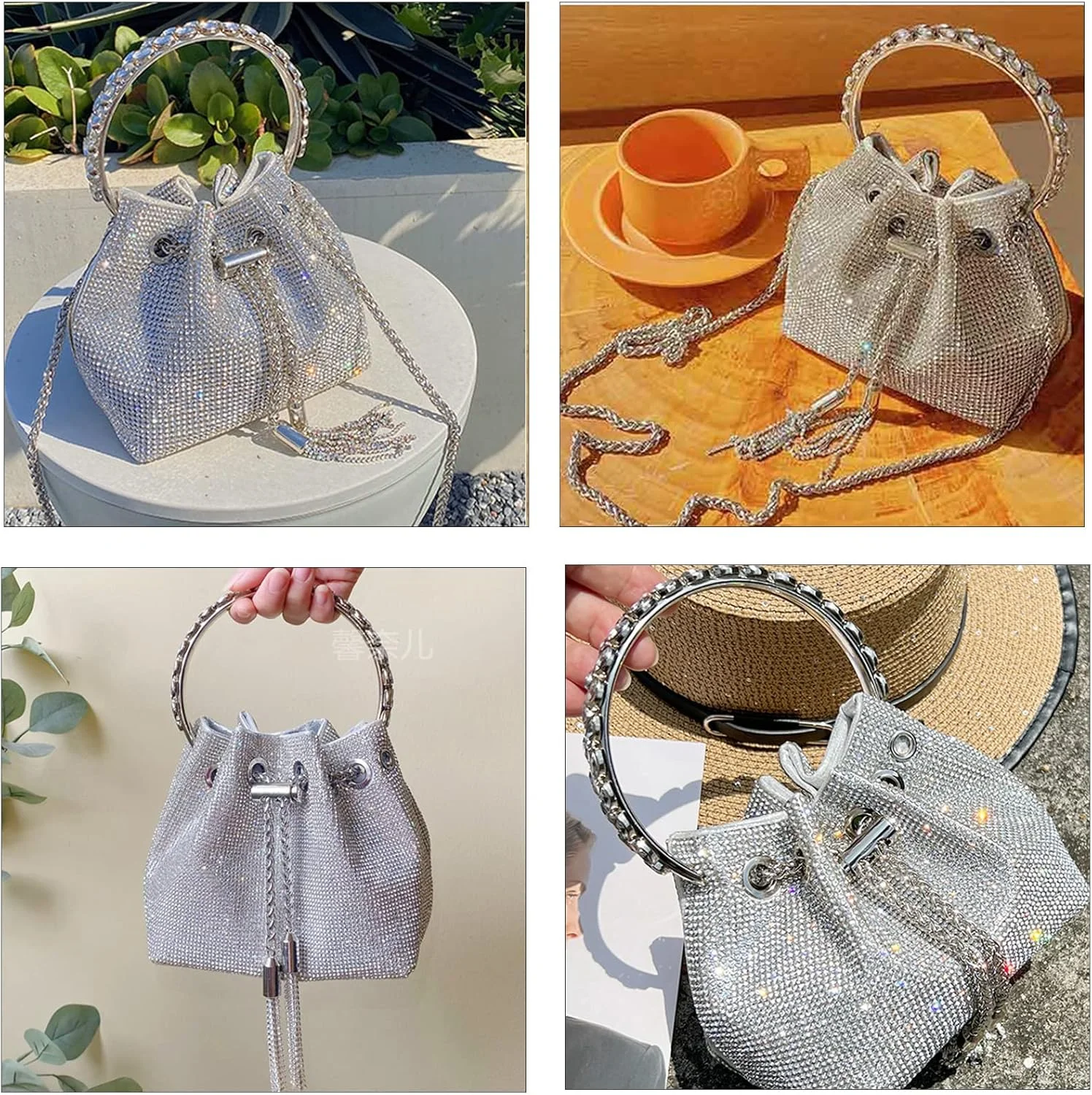 کیف دوشی زنانه KASTWAVE، کیف کراس بادی زنانه نگین دار، کیف دستی مجلسی کریستالی، کیف شب نقره ای برای زنان دختران عروسی مهمانی جشن باشگاه درخشان