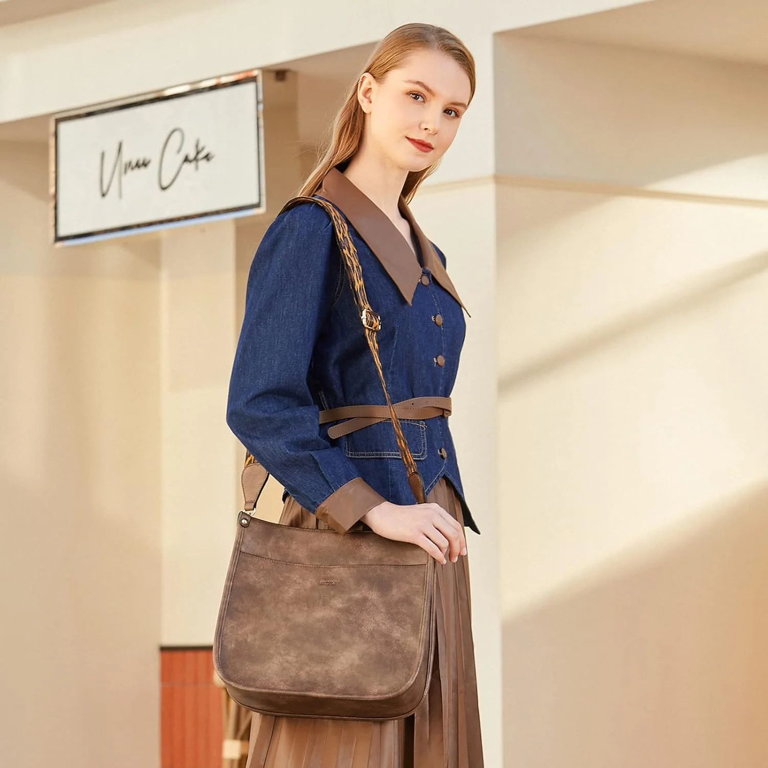 کیف‌های دوشی HKCLUF زنانه، کیف‌های دستی هوبو چرم مصنوعی شیک با 2 عدد بند گیتاری قابل تنظیم