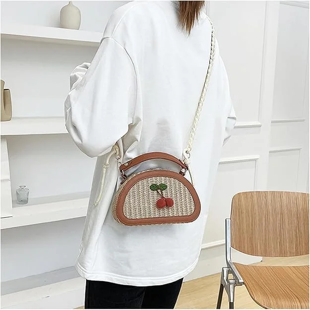 کیف دستی کوچک حصیری، کیف کراس بادی بافت تابستانی با طرح گیلاس، کیف های زیبا برای خانم ها، کیف ساحلی تعطیلات، کیف شانه ای هدیه برای او