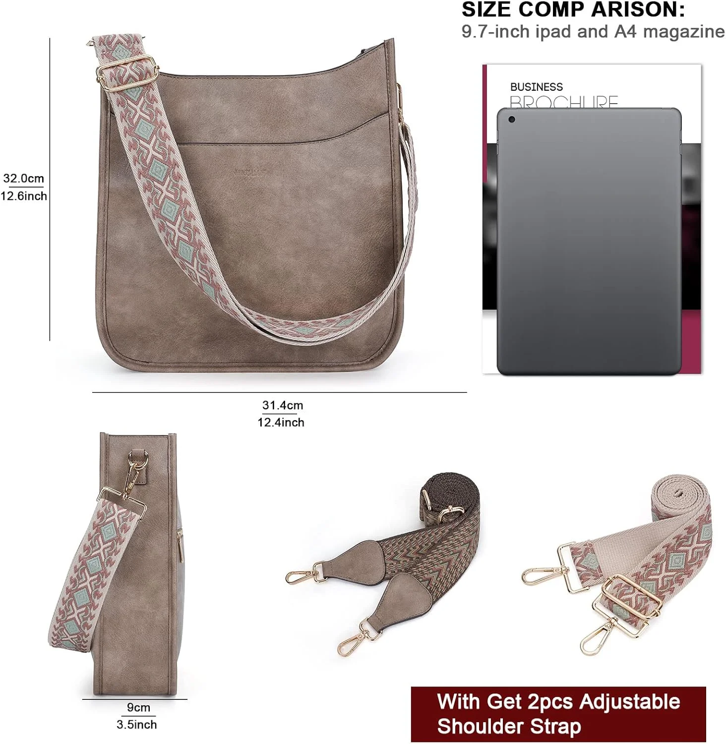 کیف دوشی سطلی HKCLUF، کیف دستی بوهو چرم مصنوعی زنانه با 2 بند قابل تنظیم ساده/گیتاری