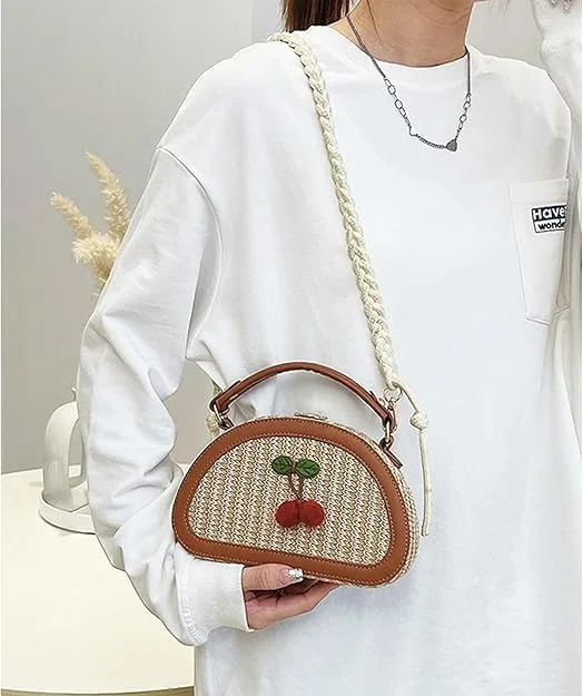 کیف دستی کوچک حصیری، کیف کراس بادی بافت تابستانی با طرح گیلاس، کیف های زیبا برای خانم ها، کیف ساحلی تعطیلات، کیف شانه ای هدیه برای او