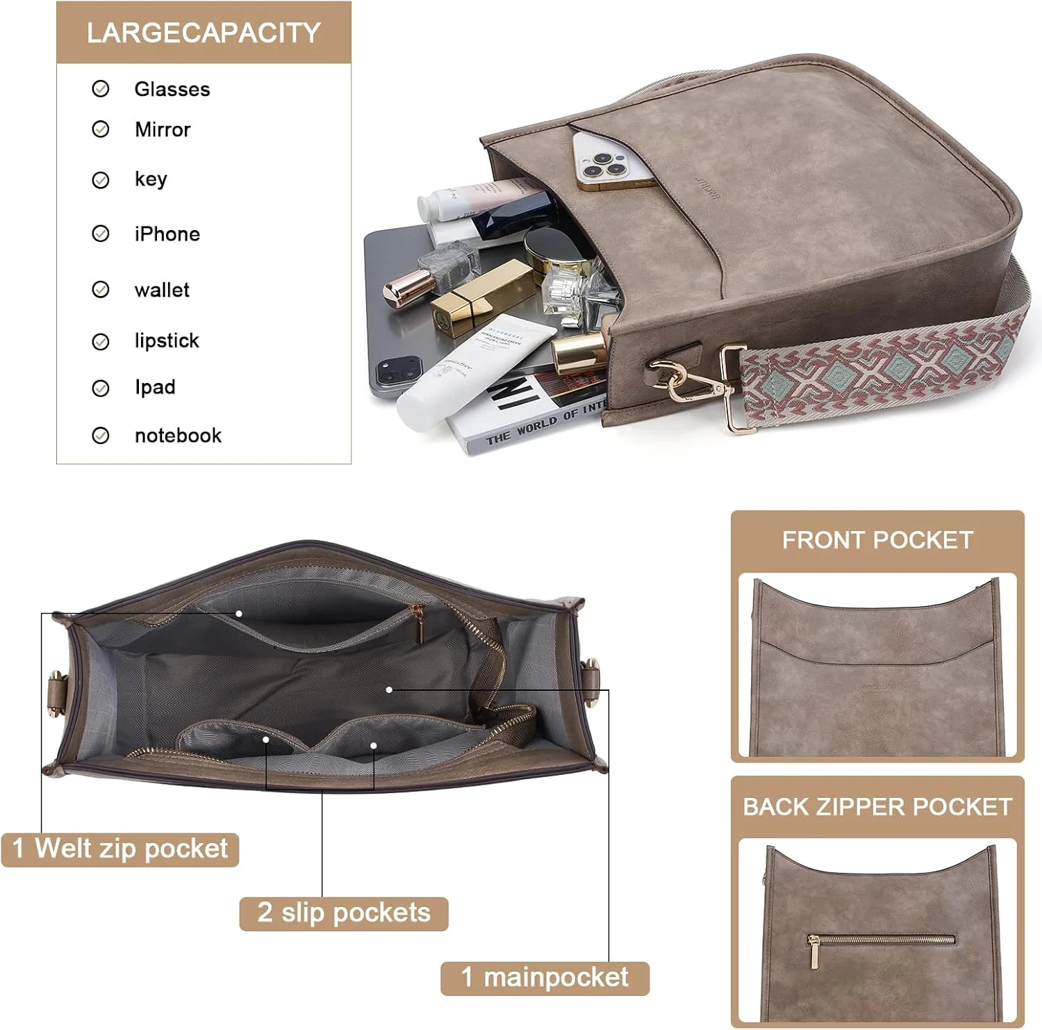 کیف دوشی سطلی HKCLUF، کیف دستی بوهو چرم مصنوعی زنانه با 2 بند قابل تنظیم ساده/گیتاری