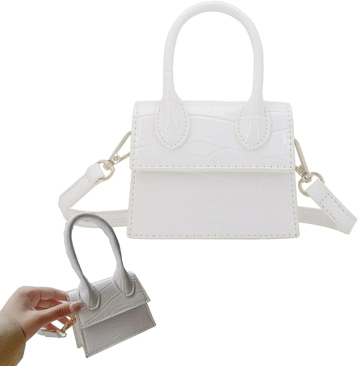 کیف دستی کوچک و بامزه زنانه و دخترانه با بند دوشی و دسته بالایی (سفید)