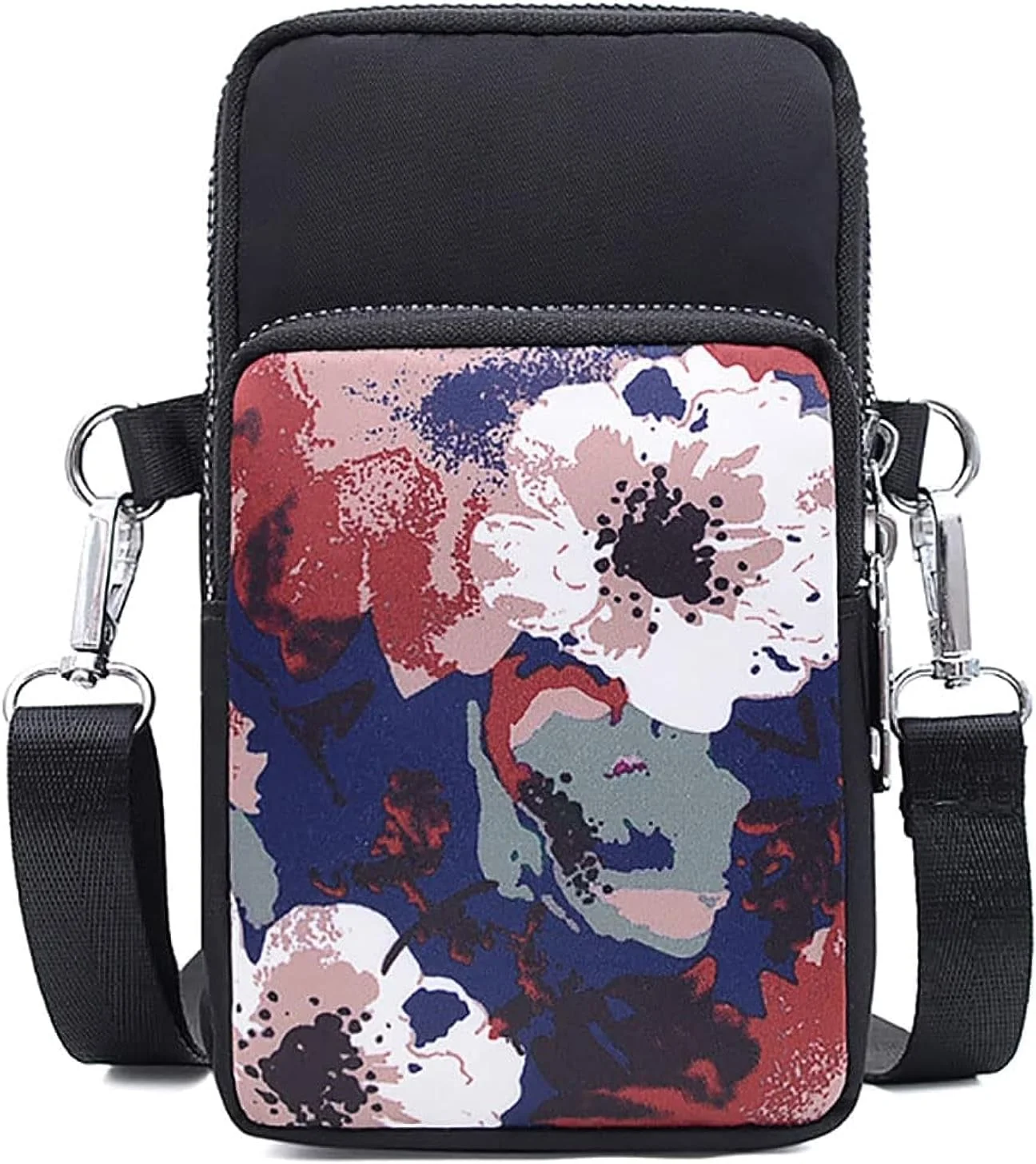 کیف دوشی تلفن همراه زنانه دخترانه، کیف پول، کیف دستی کوچک، کیف دستی مچی، کیف پاسپورت مسافرتی - گل های جوهری - مشکی