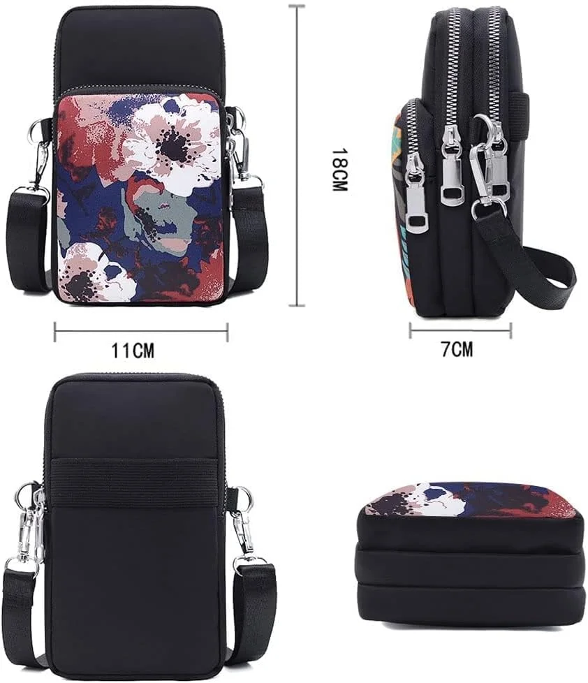 کیف دوشی تلفن همراه زنانه دخترانه، کیف پول، کیف دستی کوچک، کیف دستی مچی، کیف پاسپورت مسافرتی - گل های جوهری - مشکی