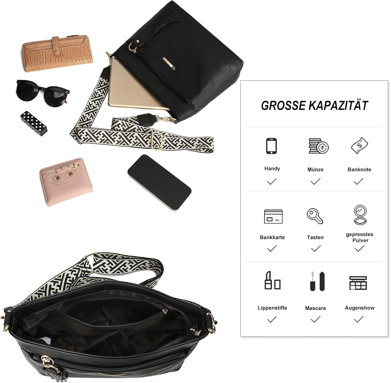 کیف دوشی منگوله دار گلادون زنانه، کیف دستی چرمی سایز متوسط، کیف شانه ای نرم و شیک برای مسافرت