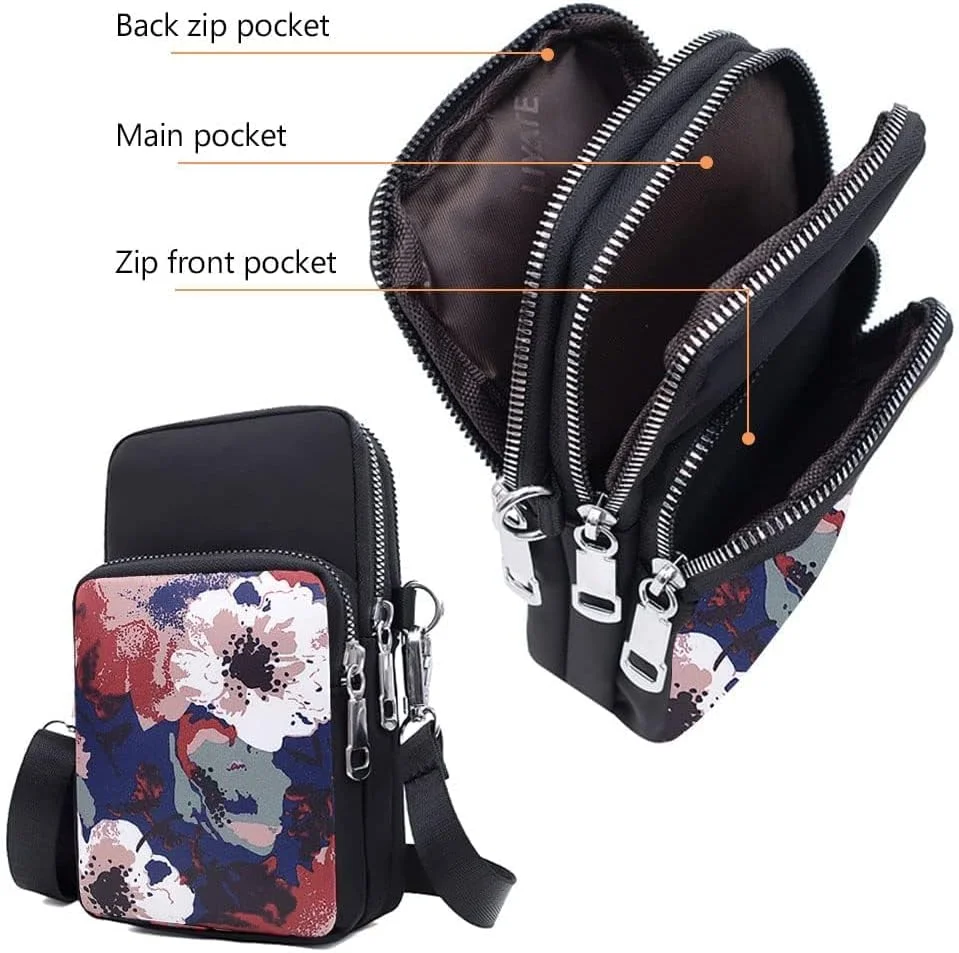 کیف دوشی تلفن همراه زنانه دخترانه، کیف پول، کیف دستی کوچک، کیف دستی مچی، کیف پاسپورت مسافرتی - گل های جوهری - مشکی
