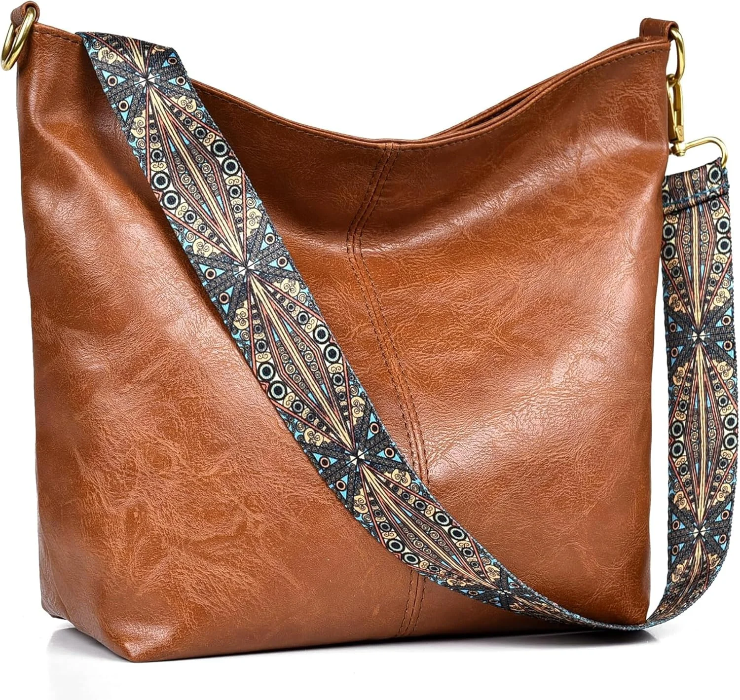 کیف دوشی بوهو زنانه، جادار با بند پهن هندسی قابل تنظیم، چرم مصنوعی، مناسب سفر و کار، کیف دستی شیک روزمره