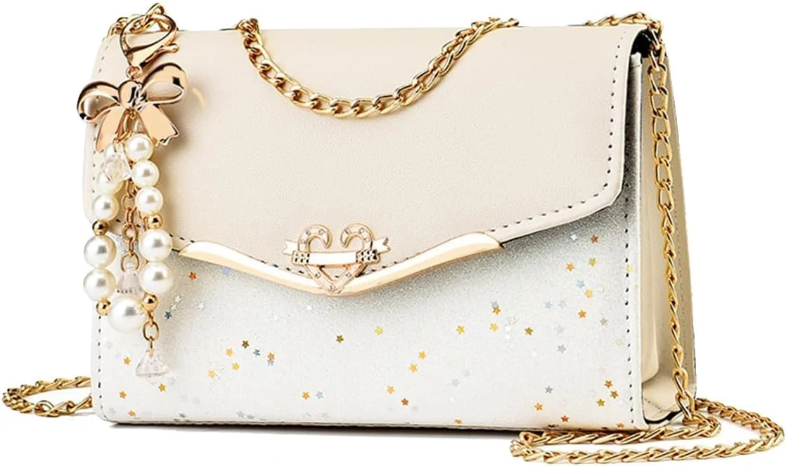 کیف دوشی زنانه شیک Excefore، کیف دستی چرم PU، کیف کراس بادی پولکی، کیف دستی مد روز با دسته بالایی، کیف دوشی زنانه مد روز با آویز مروارید، بژ