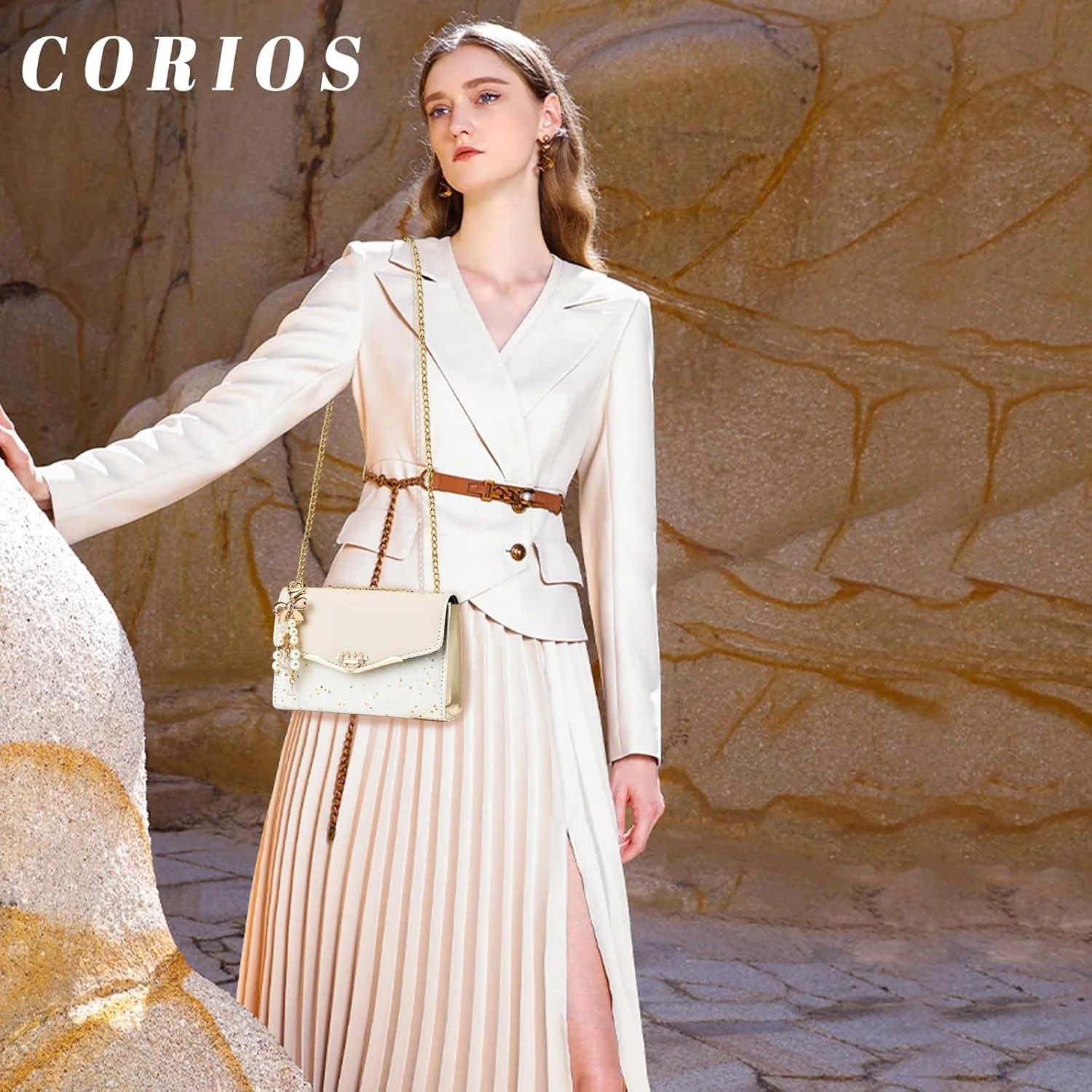 کیف دوشی زنانه شیک Excefore، کیف دستی چرم PU، کیف کراس بادی پولکی، کیف دستی مد روز با دسته بالایی، کیف دوشی زنانه مد روز با آویز مروارید، بژ