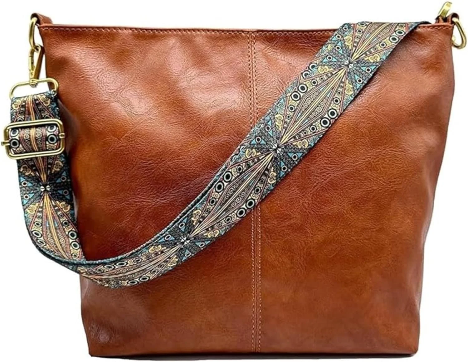 کیف دوشی بوهو زنانه، جادار با بند پهن هندسی قابل تنظیم، چرم مصنوعی، مناسب سفر و کار، کیف دستی شیک روزمره