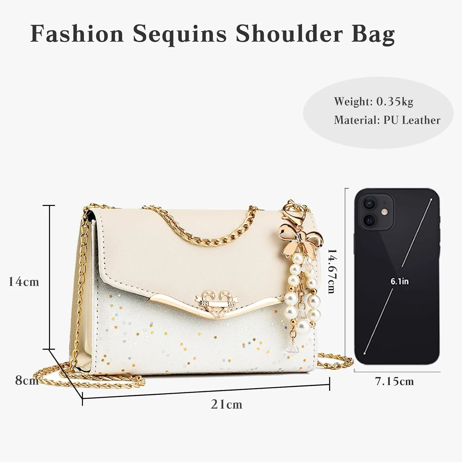 کیف دوشی زنانه شیک Excefore، کیف دستی چرم PU، کیف کراس بادی پولکی، کیف دستی مد روز با دسته بالایی، کیف دوشی زنانه مد روز با آویز مروارید، بژ