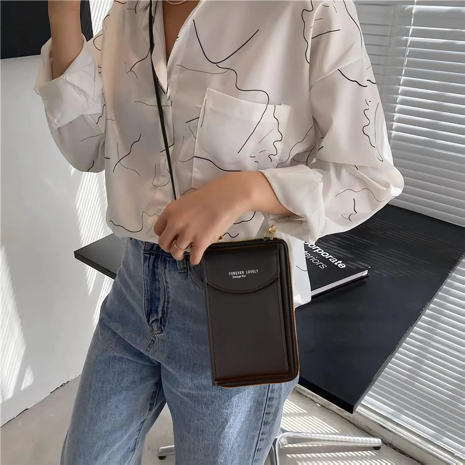 کیف دوشی تلفن زنانه Excefore، کیف دستی تلفن چرمی PU، کیف پول تلفن همراه، کیف تلفن چند منظوره، کیف کوچک دوشی تلفن همراه با بند بلند برای زنان، مشکی