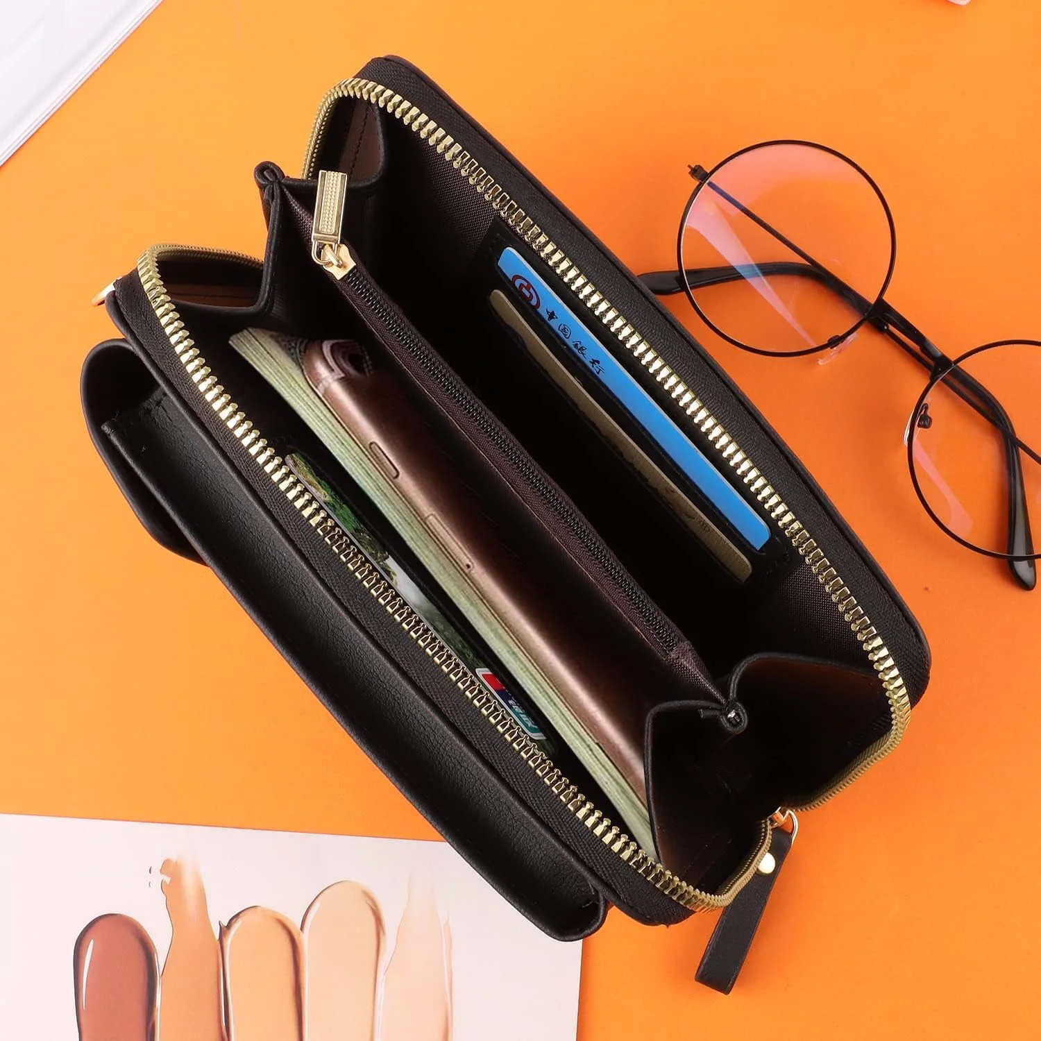 کیف دوشی تلفن زنانه Excefore، کیف دستی تلفن چرمی PU، کیف پول تلفن همراه، کیف تلفن چند منظوره، کیف کوچک دوشی تلفن همراه با بند بلند برای زنان، مشکی