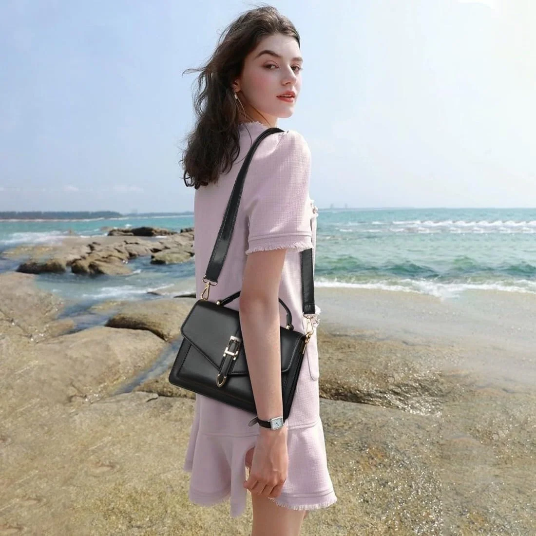 کیف دوشی زنانه، کیف دوشی کوچک، کیف شانه ای چرم مصنوعی ضد آب، کیف شانه ای، حمل آسان، بند قابل تنظیم، شیک، برای هدیه تعطیلات، هدیه برای دختران، سفرهای تفریحی - مشکی