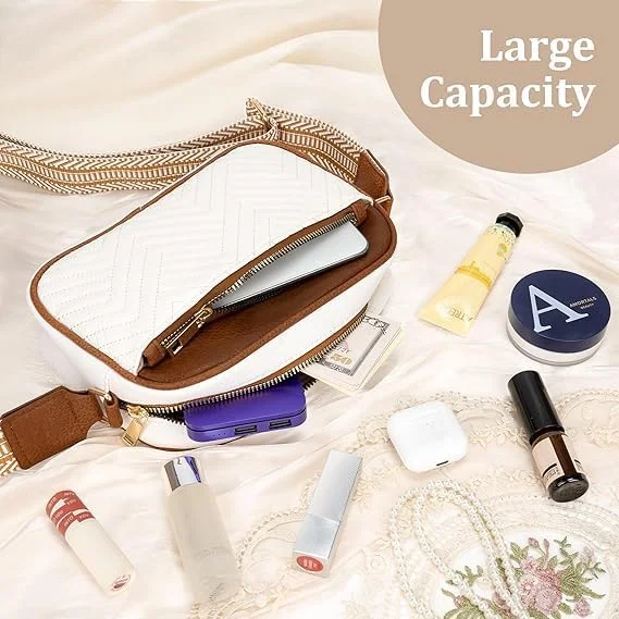 کیف دوشی زنانه، کیف شانه ای طرح دار با بند پهن قابل تنظیم، کیف کوچک دوربین دوشی زنانه، کیف دستی سفید مد روز با محفظه های متعدد برای خرید، کار و مسافرت