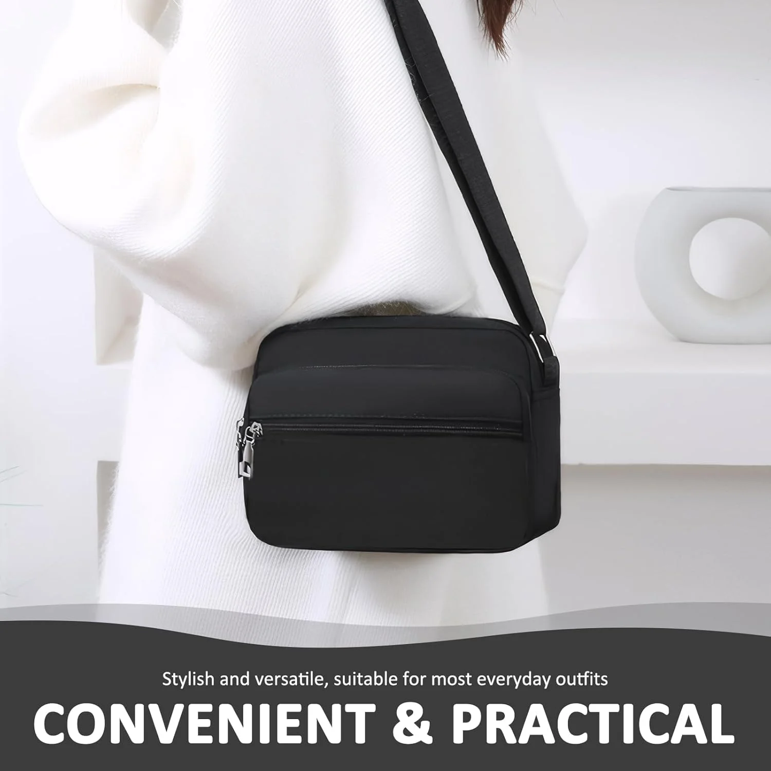 کیف دوشی زنانه با جیب های متعدد، کیف شانه دخترانه، کیف های دوشی نایلونی، کیف تلفن ضد آب با بند قابل تنظیم برای خرید مسافرتی، گردش، کار، پیاده روی (مشکی)