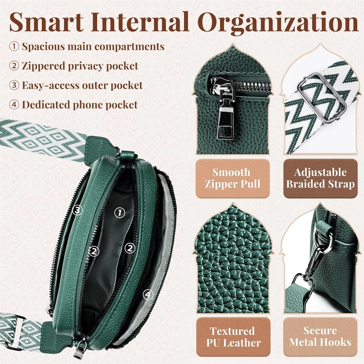 کیف دوشی زنانه، کیف شانه ای قابل تنظیم، کیف دستی کوچک و سبک ایده آل برای عبا با بند طرح دار، چرم مصنوعی، دارای دو محفظه