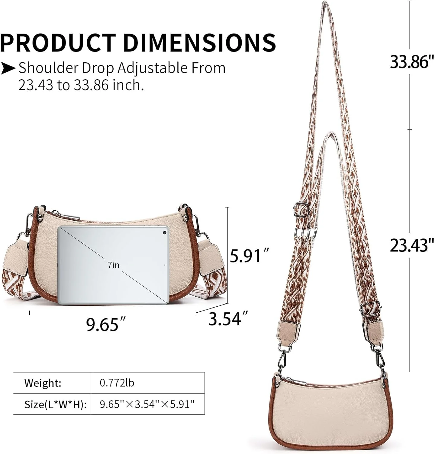 کیف دوشی زنانه، کیف دستی چرمی PU با بند پهن قابل تنظیم