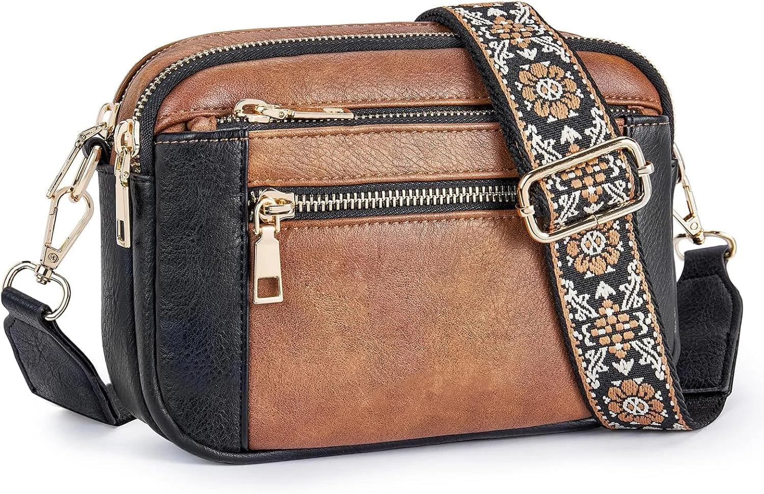 کیف دوشی کوچک زنانه، کیف دستی چرم مصنوعی Azonee با بند قابل تنظیم، کیف های دستی شیک برای مسافرت روزانه یا لباس های غیر رسمی (قهوه ای با مشکی)