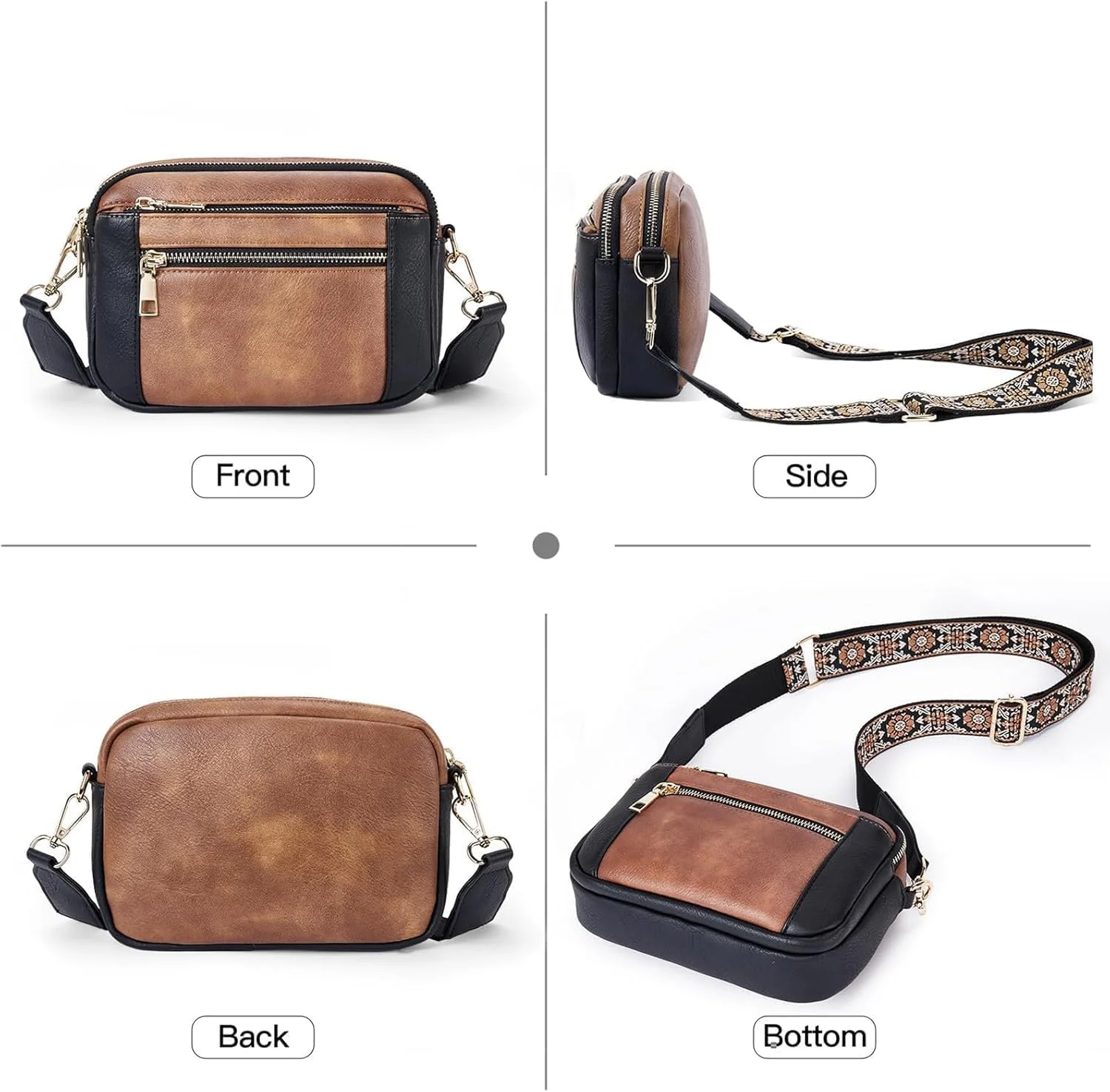 کیف دوشی کوچک زنانه، کیف دستی چرم مصنوعی Azonee با بند قابل تنظیم، کیف های دستی شیک برای مسافرت روزانه یا لباس های غیر رسمی (قهوه ای با مشکی)