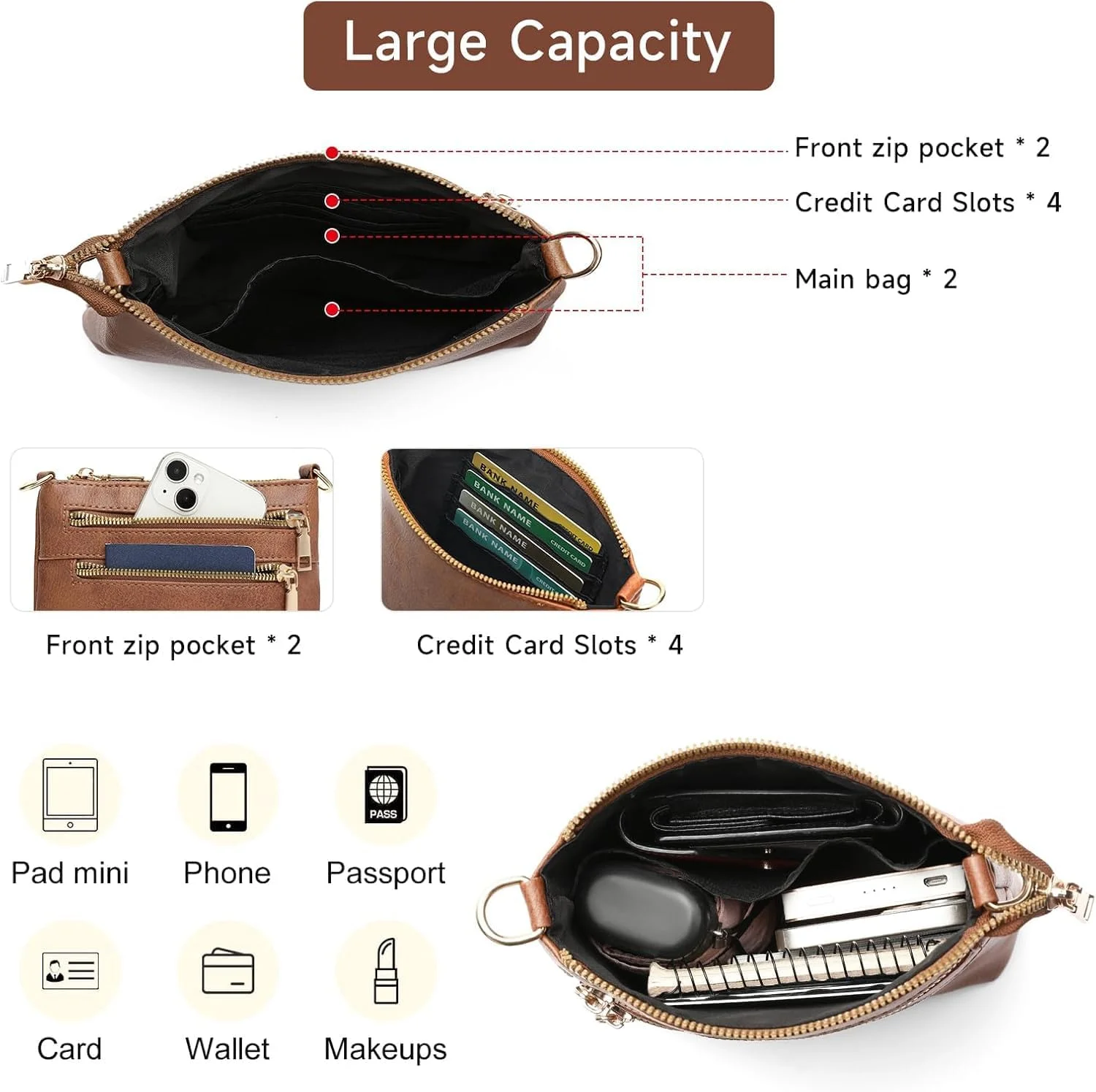 کیف دوشی کوچک تلفن همراه زنانه، کیف دستی چرمی شیک با بند قابل تنظیم برای سفر، خرید و کیف پول با جای کارت و جیب زیپ دار