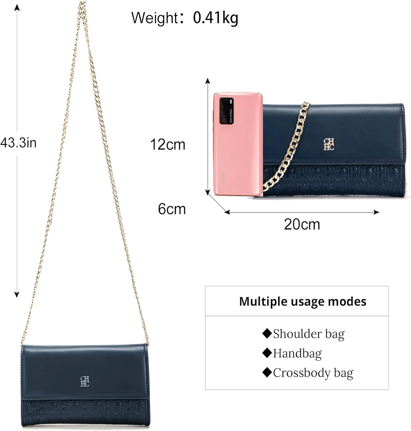 کیف دوشی کوچک CHCH زنانه، کیف پول موبایل زنانه، کیف دستی با جای کارت اعتباری و زنجیر طلایی