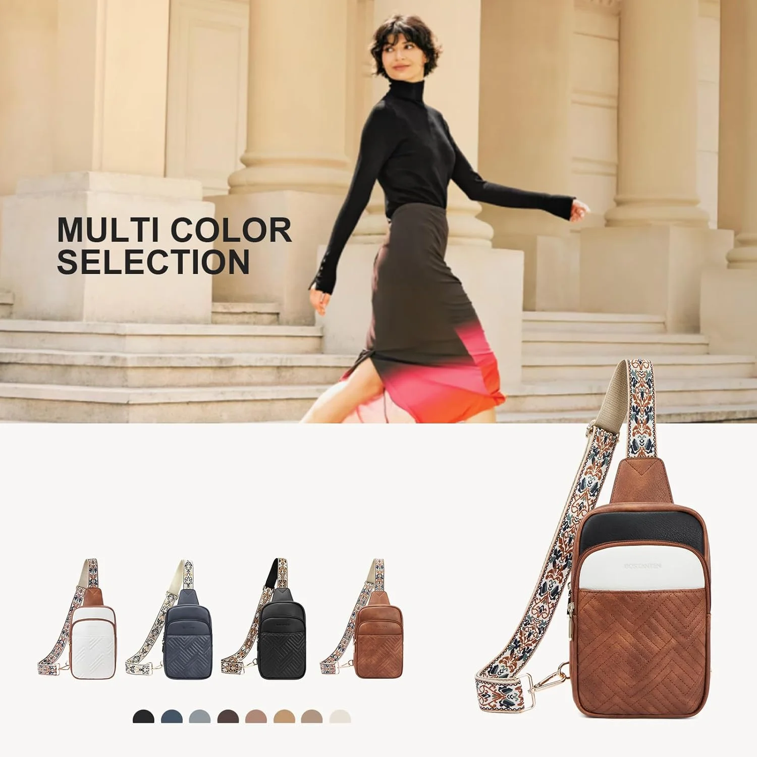 کیف دوشی بوستانتن، کیف های کراس بادی زنانه طرح دار، کیف کمری چرمی با بند گیتاری قابل تنظیم