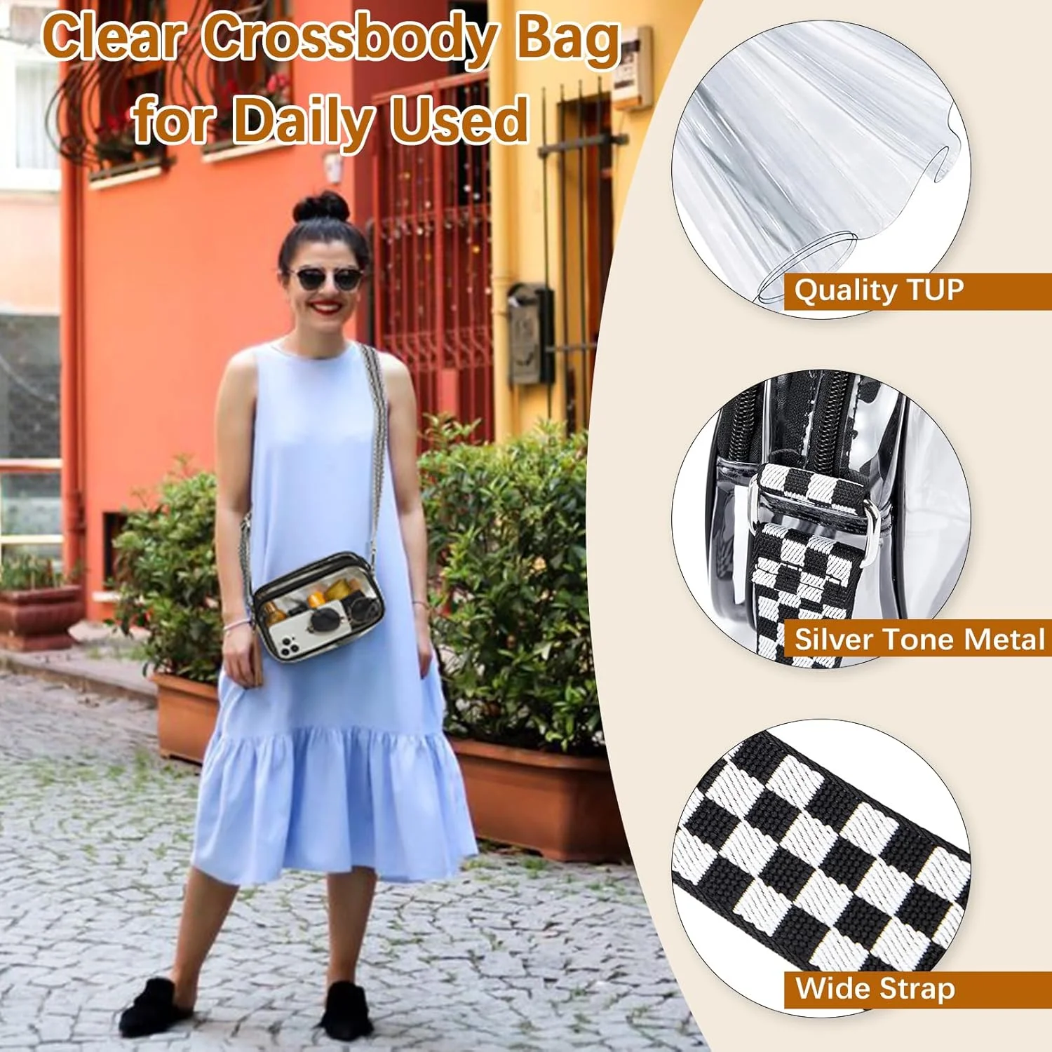 کیف رودوشی زنانه BOSTANTEN، کیف شفاف مناسب استادیوم برای کنسرت ها و ورزش ها با بند گیتاری قابل تنظیم