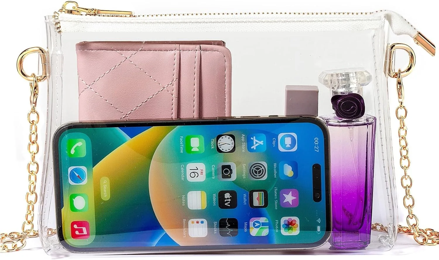 کیف شفاف زنانه مناسب استادیوم، کیف کوچک دوشی شفاف برای کنسرت، رویدادهای ورزشی، مسافرت و استفاده روزمره، کیف دستی شفاف شیک و کاربردی (حاشیه طلایی)