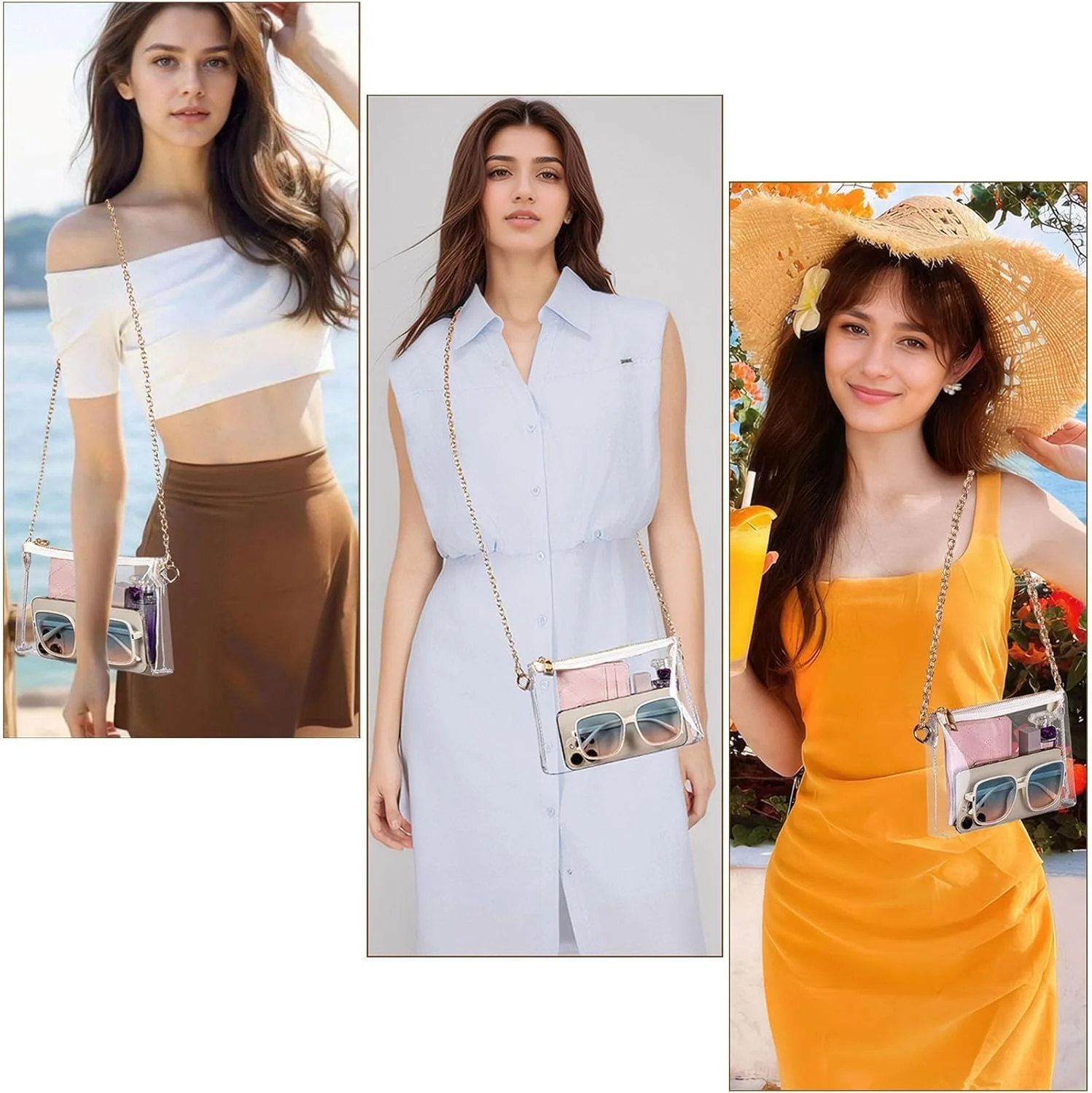 کیف شفاف زنانه مناسب استادیوم، کیف کوچک دوشی شفاف برای کنسرت، رویدادهای ورزشی، مسافرت و استفاده روزمره، کیف دستی شفاف شیک و کاربردی (حاشیه طلایی)