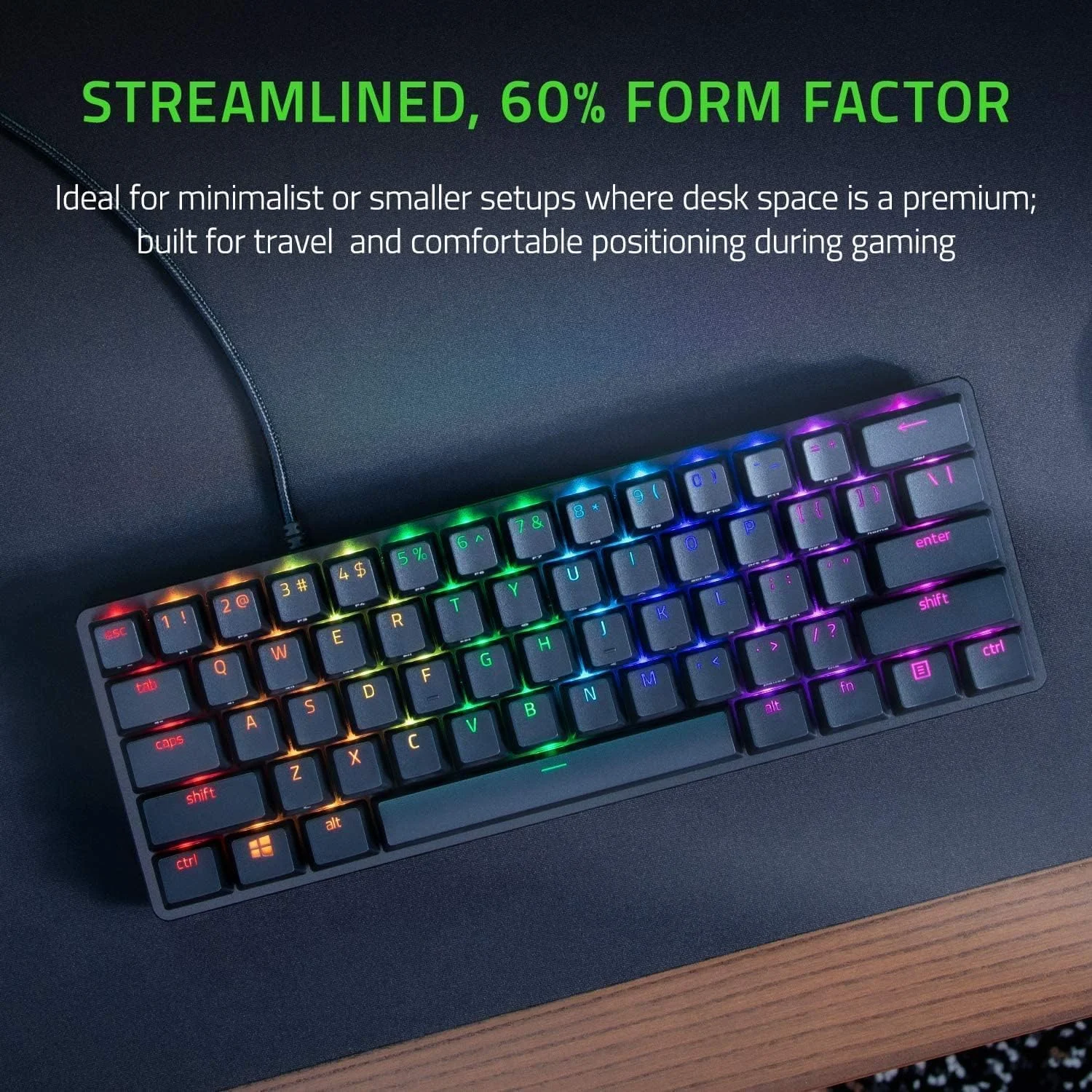 کیبورد گیمینگ جمع و جور 60% Razer Huntsman Mini: سوییچ بنفش، سوییچ های اپتیکال-مکانیکال کلیکی، کلیدهای PBT دابل شات، کابل USB-C جداشدنی، طرح بندی ایالات متحده - مشکی