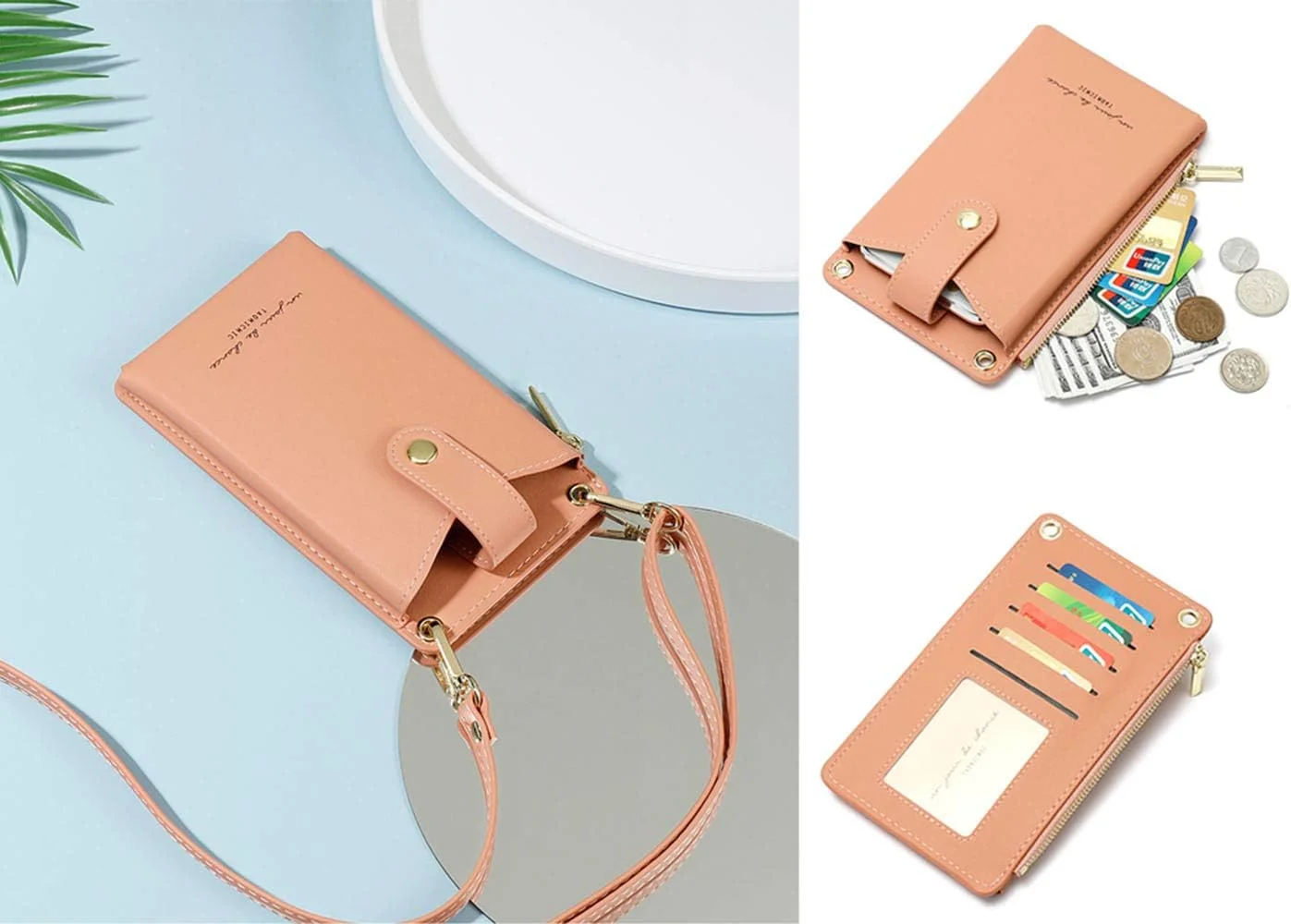 کیف دوشی کوچک چرمی زنانه برای موبایل، کیف دستی و کیف پول کارت با بند گردنی، مناسب دختران
