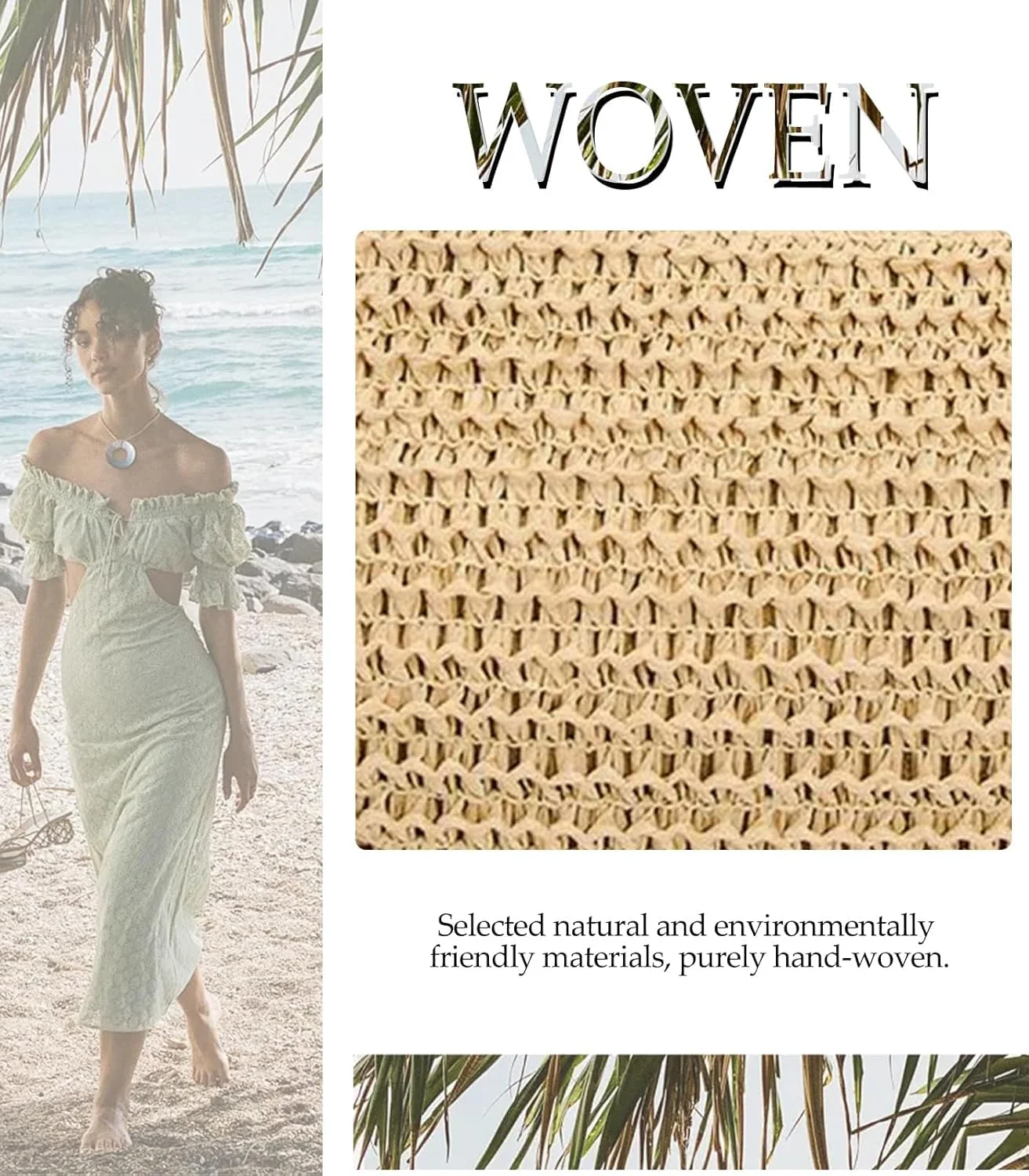 کیف حصیری زنانه NALACAL، کیف دستی حصیری ساحلی تابستانی 2024، کیف بافتنی شیک دستی با بند قابل تنظیم