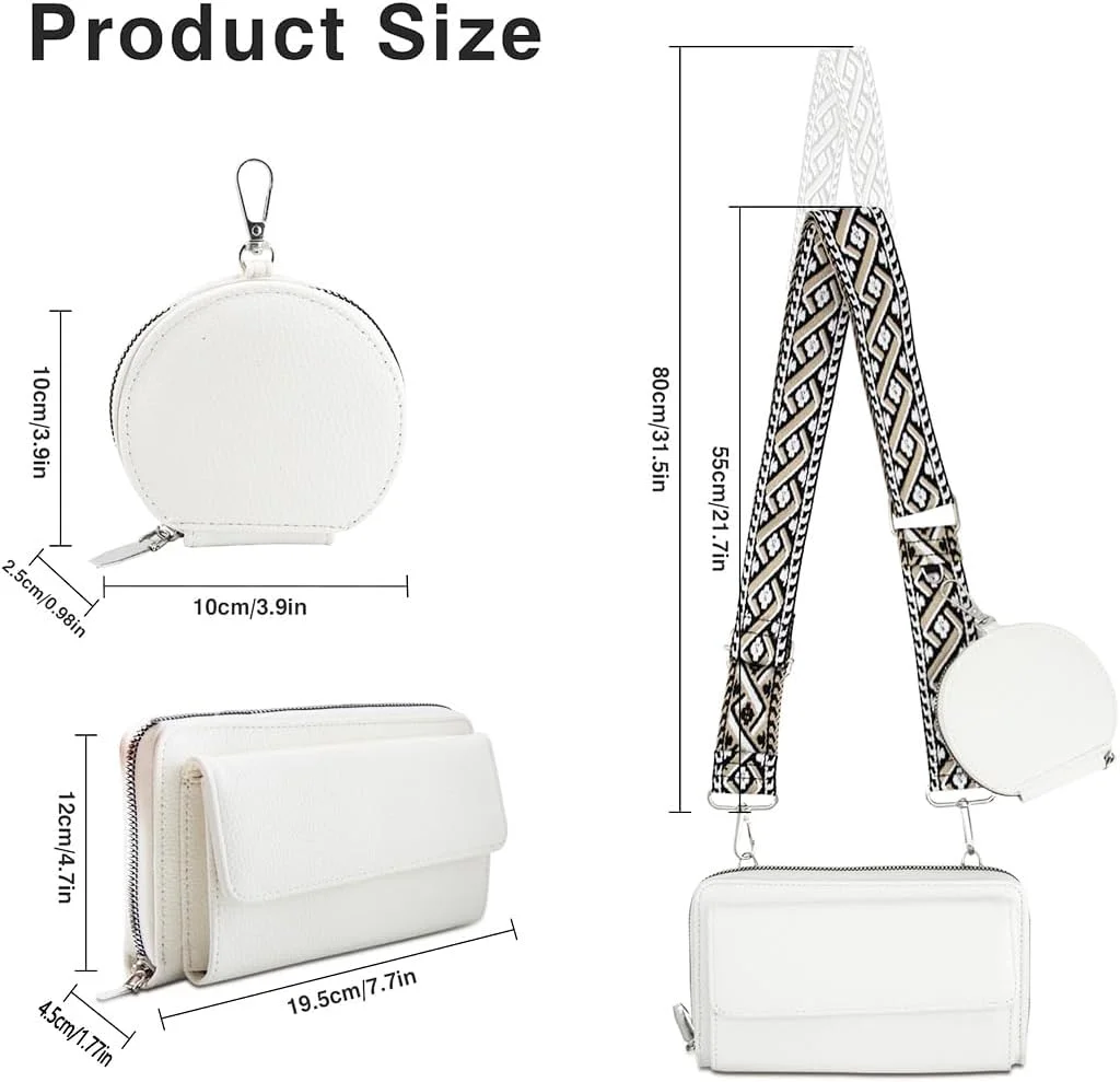 کیف دوشی زنانه با کیف کوچک، کیف دستی چرمی مصنوعی، جا کارتی، کیف دوشی جمع و جور، بند نایلونی قابل تنظیم، کیف دستی مسافرتی غیر رسمی، سفید